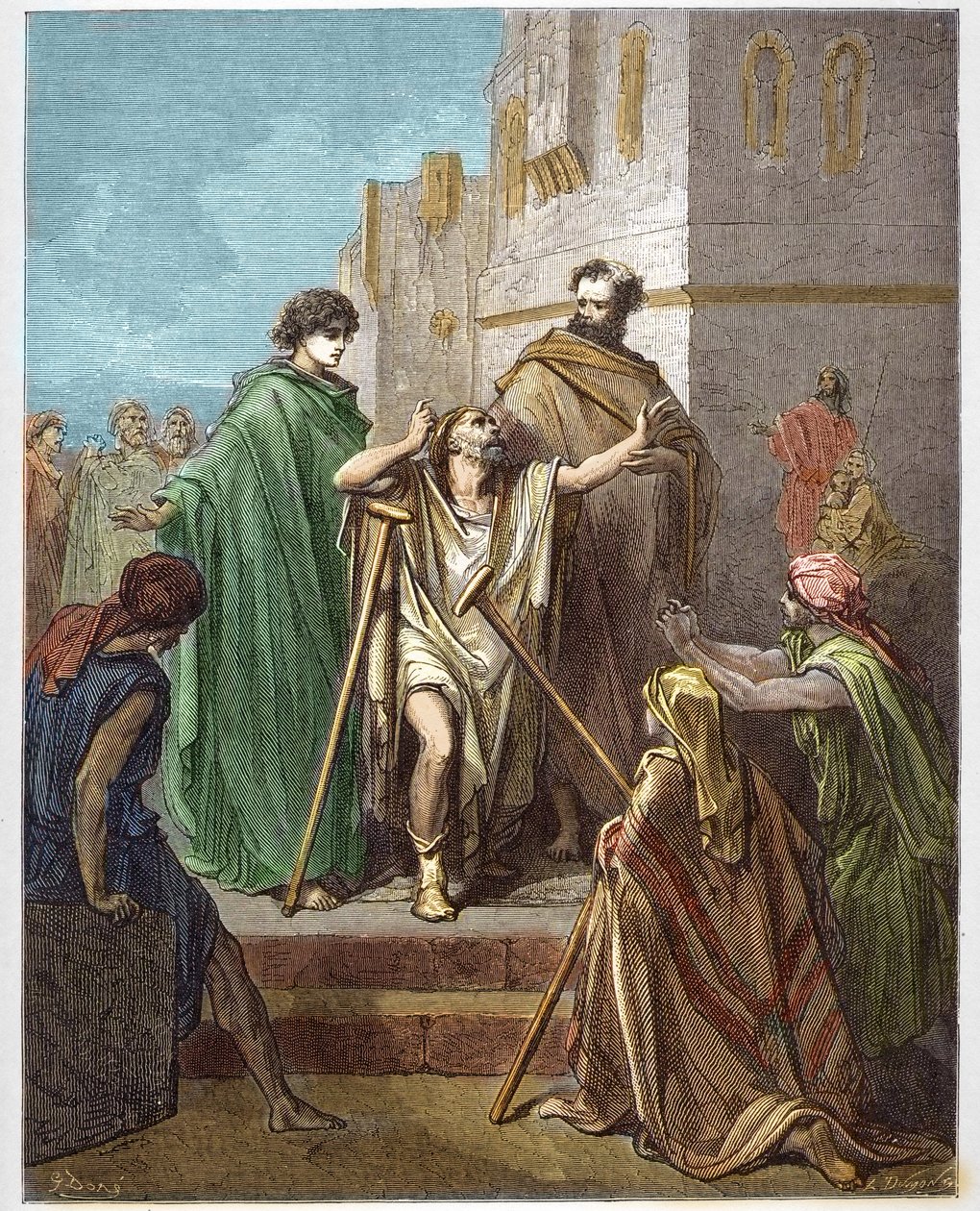 Saint Peter and Saint John healing a lame man - engraving in “The Bible Illustrated” by Gustave Dore - Engraving from “The Dore Bible” by Gustave Dore