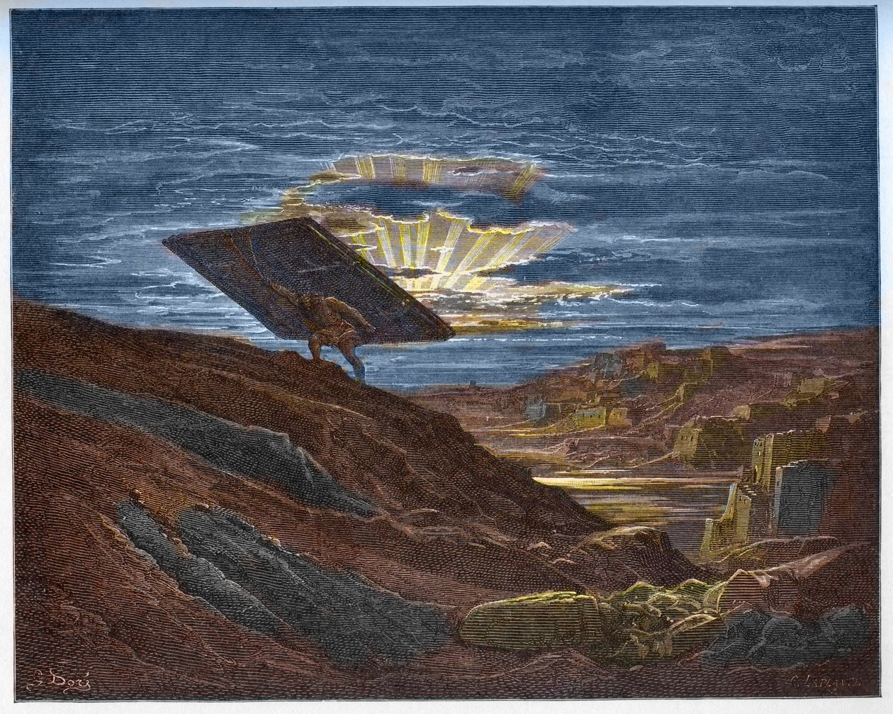 Samson carries the Gates of Gaza - Samson removing the gates of Gaza - Engraving in The Bible illustree by Gustave Dore - Engraving from The Dore Bible by Gustave Dore