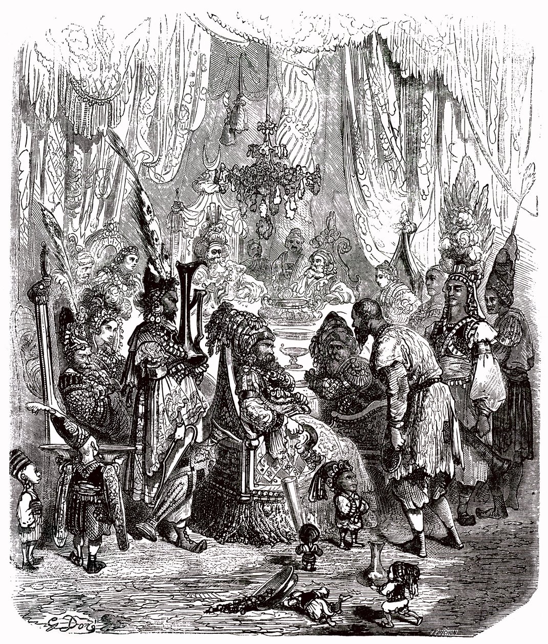 Sindbad the sailor (Sinbad) - tale of the thousand and one (1001) nights - illustration by Gustave Dore - Maxwell edition 1865 - Prologue: a poor bearer (Hinbad) presents himself before Sindbad, who has become old and rich. The latter will tell his adventu by Gustave Dore