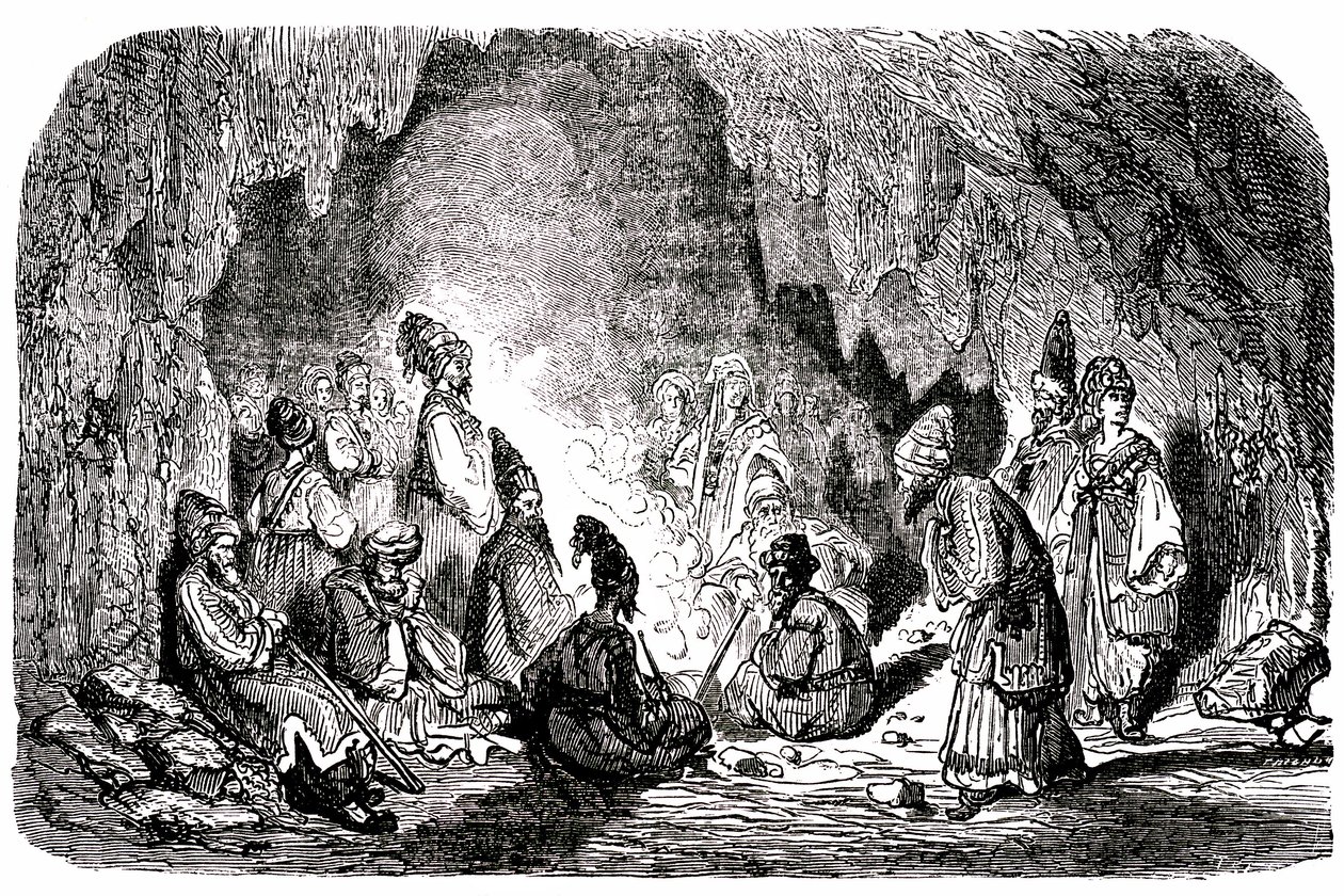 Sindbad the sailor - tale of the thousand and one nights - illustration by Gustave Dore - Maxwell edition 1865 - First voyage: Sindbad, abandoned in the middle of the sea by his companions, reached an island and met in a cave the palefrenie by Gustave Dore