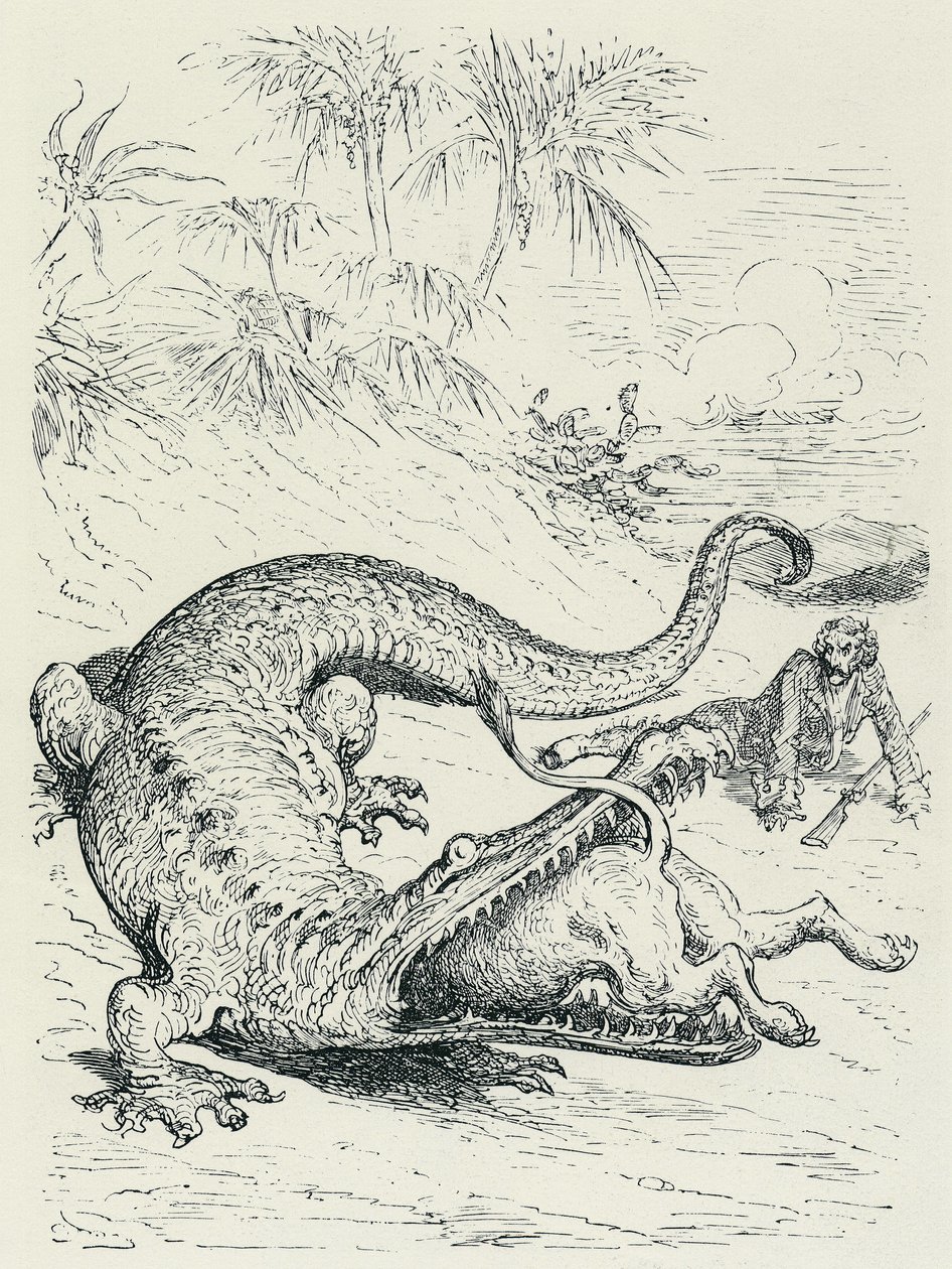 The Adventures of the Baron of Munchausen: The fearless Baron of Munchausen pursued by a lion crosses the path of a huge crocodile that will devour the lion. Illustration by Gustave Doré by Gustave Dore