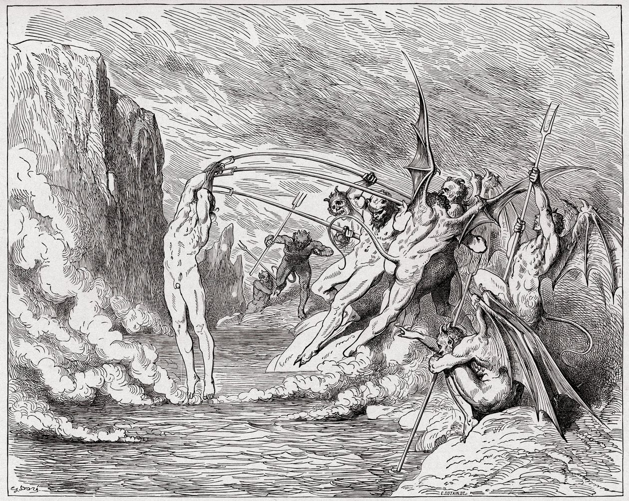 The Divine Comedy, Inferno, Canto 21: Devils torment the barrators - Illustration by Gustave Dore by Gustave Dore