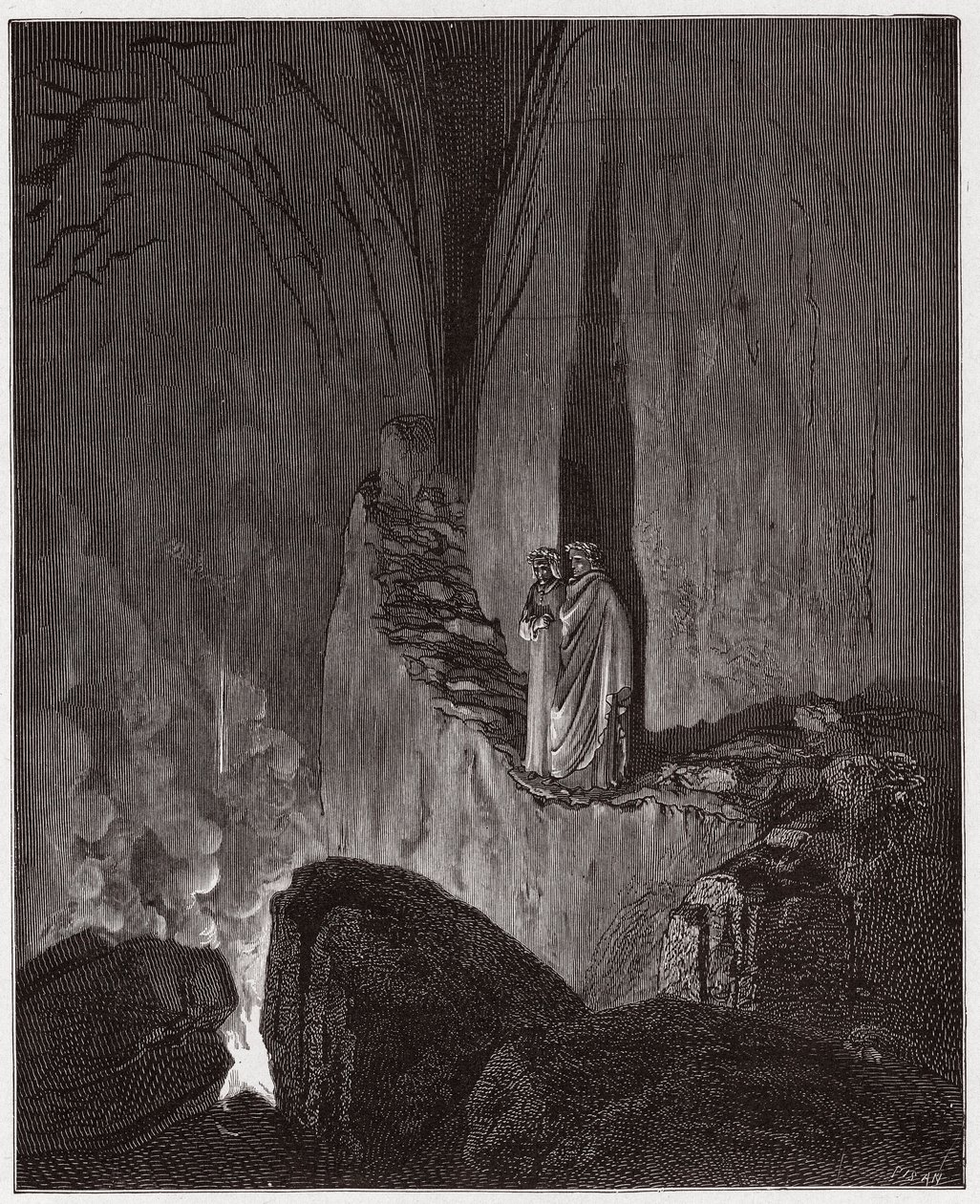 The Divine Comedy, Inferno, Canto 26: The flaming spirits of Ulysses and Diomedes (Illustration by Gustave Dore) by Gustave Dore