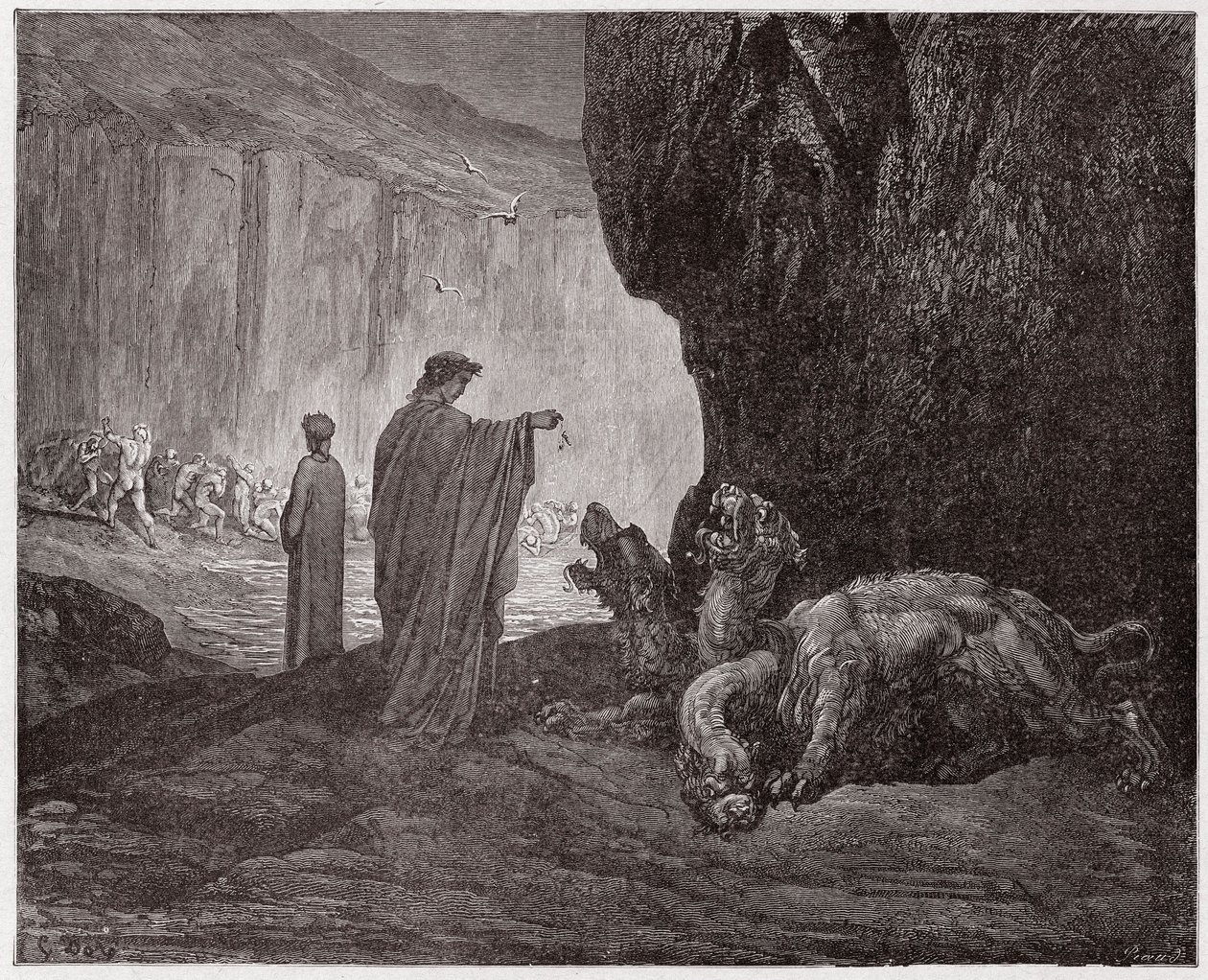 The Divine Comedy, Inferno, Canto 6: Virgil feeds Cerberus in the third circle - Illustration by Gustave Dore by Gustave Dore