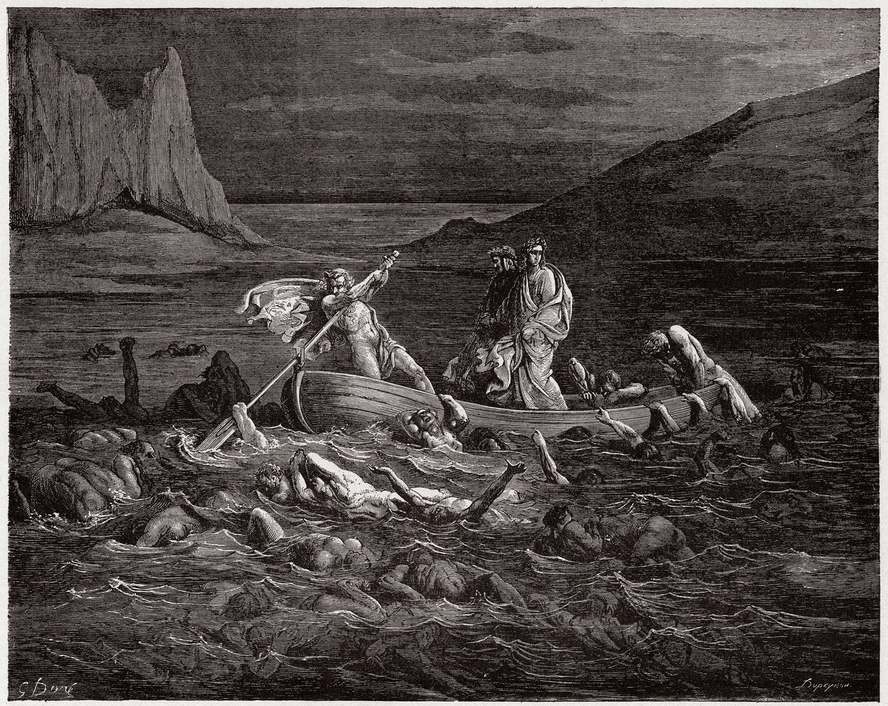 The Divine Comedy, Inferno, Canto 8: Phlegyas ferries Dante and Virgil across the Styx - Illustration by Gustave Dore by Gustave Dore