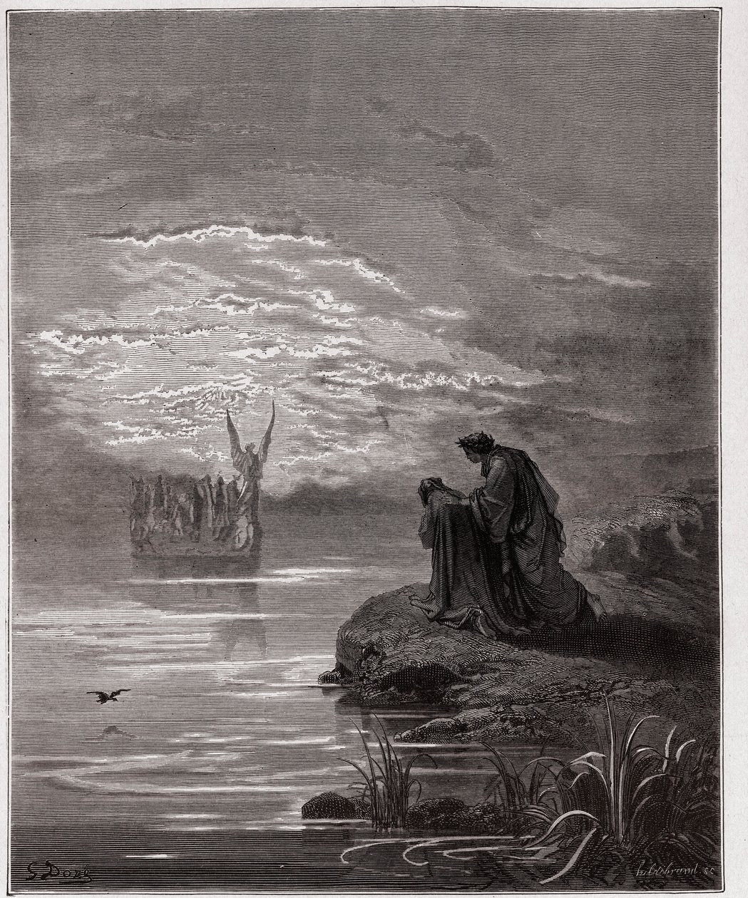 The Divine Comedy, Purgatorio, Canto 2: Dante Bows Before the Angel Pilot - by Dante Alighieri (1265-1321) - Illustration by Gustave Dore (1832-1883) by Gustave Dore