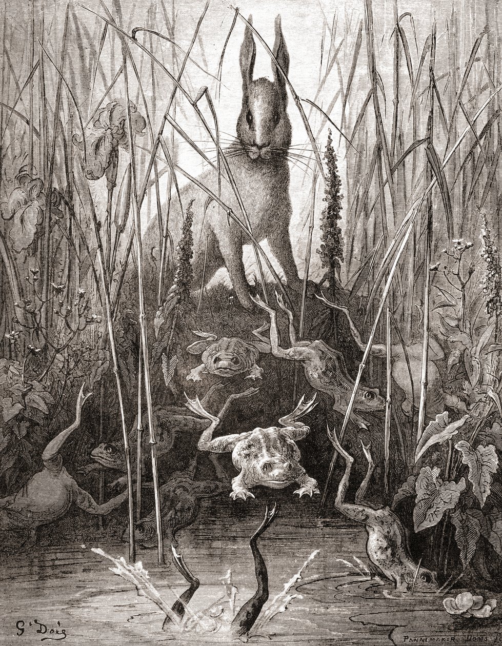 The Hare and The Frogs, from a late 19th century edition of Fables de La Fontaine by Gustave Dore