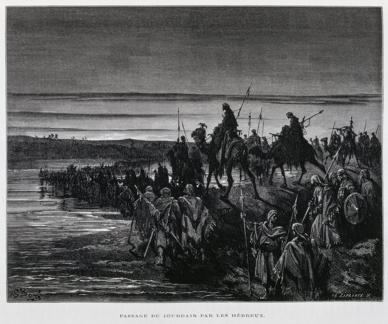 The Hebrew tribes enter Canaan over the Jordan River, Illustration from the Dore Bible by Gustave Dore