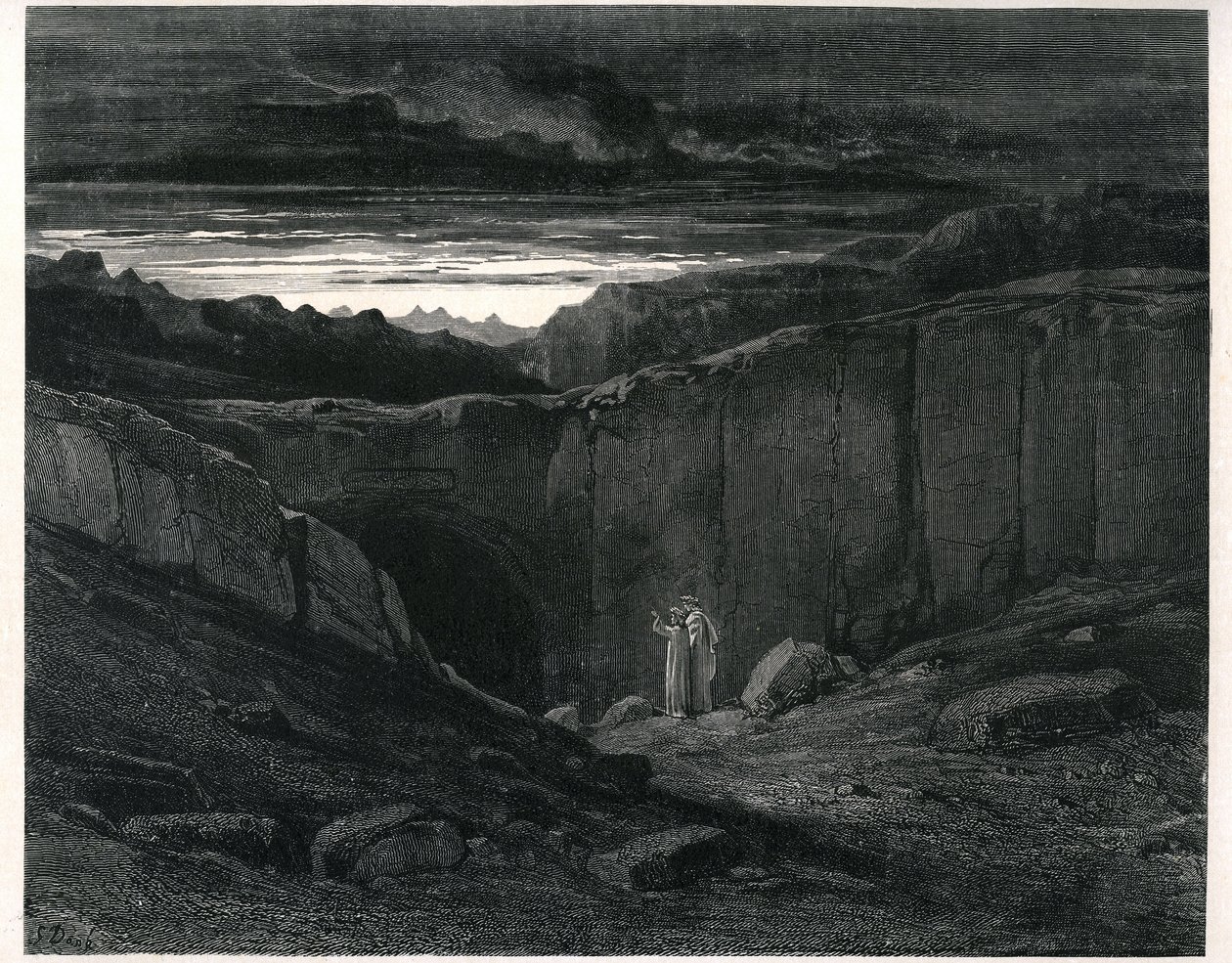 The Hell of Dante Alighieri (the Divine Comedy) illustrated by Gustave Dore. French edition of 1861. Dante and Virgil at the entrance of Hell: "Lasciate ogni speranza, voi che 