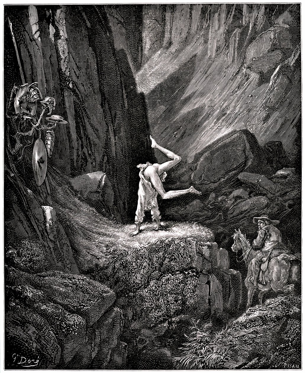 The Ingenious Hidalgo Don Quixote de la Mancha (Quixote - Quijote) by Miguel de Cervantes (1547-1616): the knight of the sad figure made cabrioles “putting naked certain things that Sancho, in order not to see them, hastened to turn around, satisfied to se by Gustave Dore