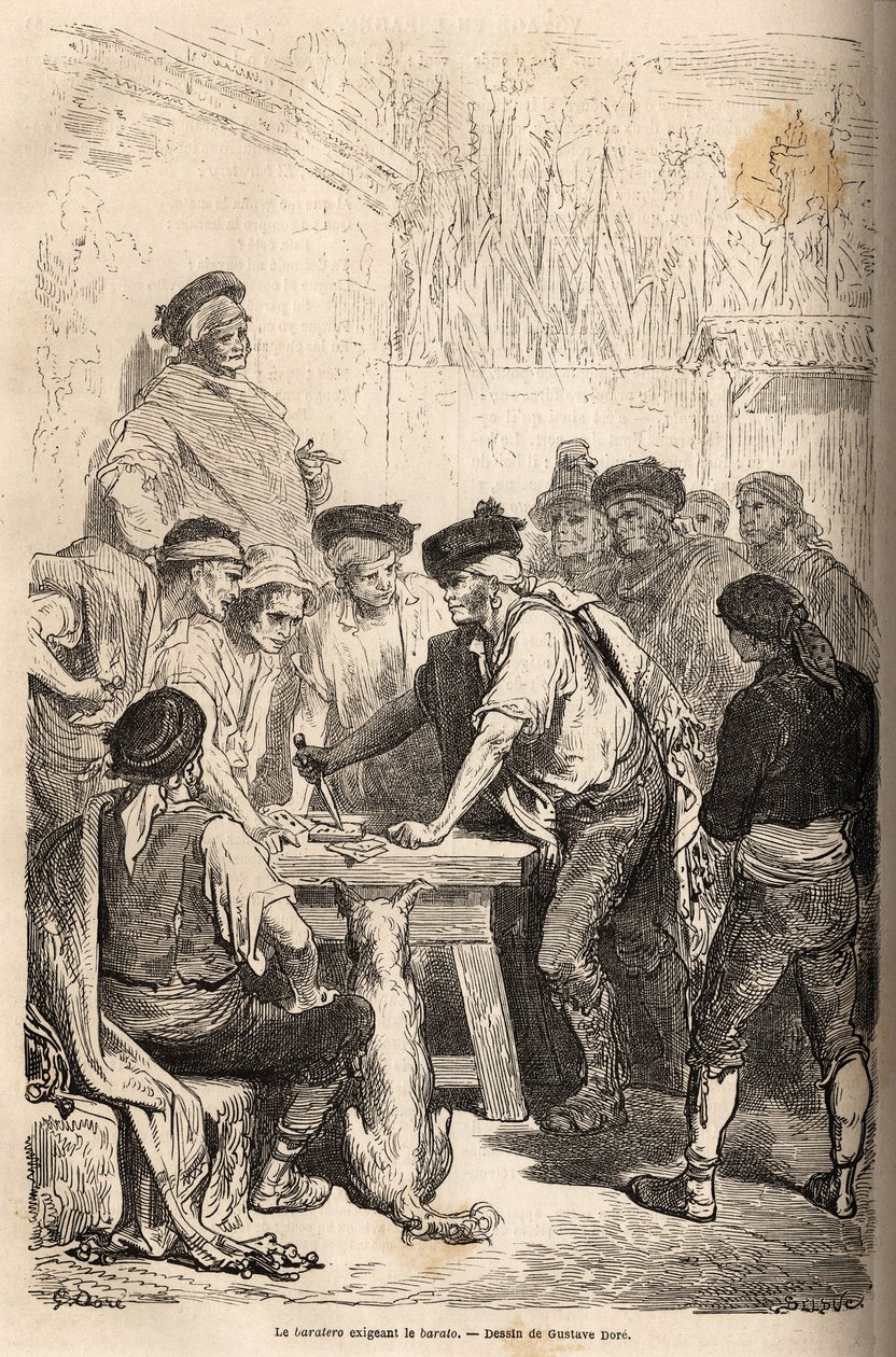 The baratero weapon of the navaja, demanding the barato, tribute that he arrogates on the amount of clandestine games. Drawing by Gustave Dore, to illustrate his trip to Spain in 1862, with Ch. Davillier. Engraving in Le tour du monde, edited by Edouard Ch by Gustave Dore