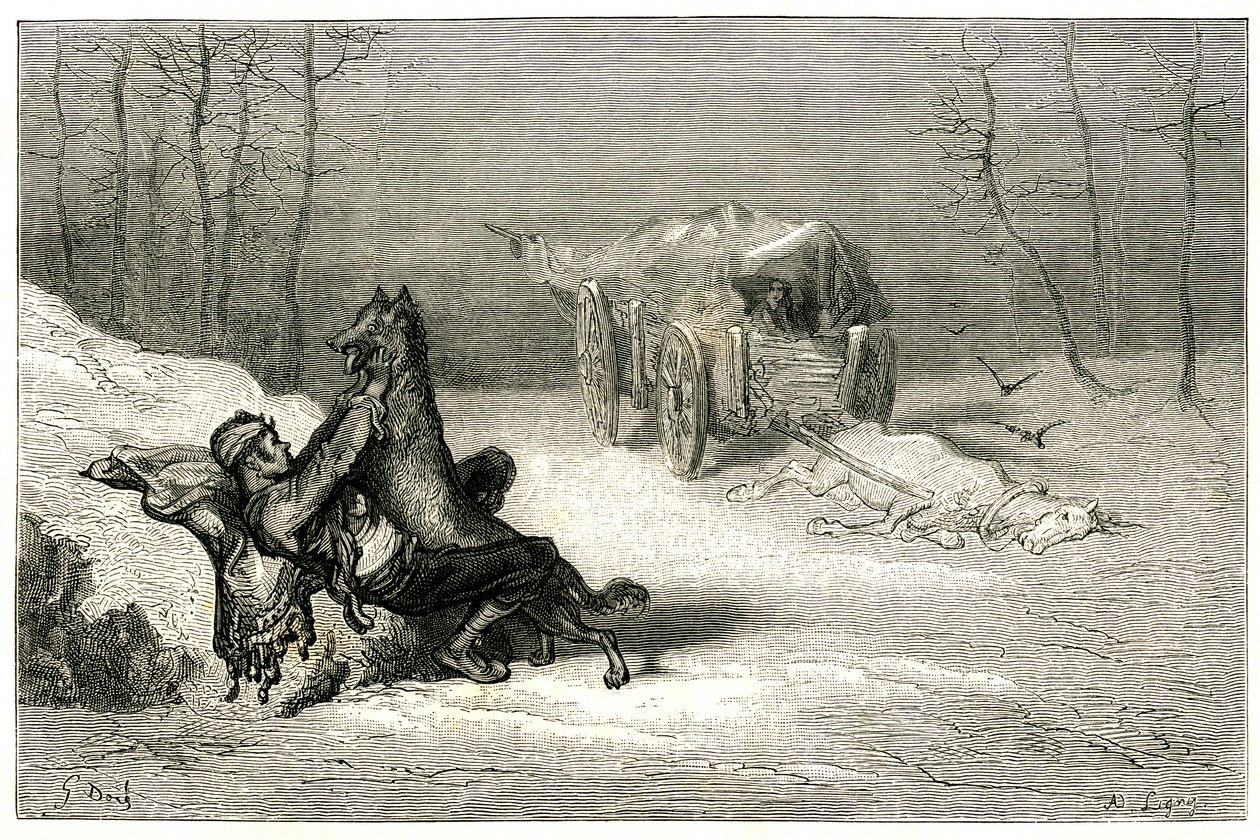 The Brigand Agostin is Attacked by a Wolf, Near the Dead Horse Still Reached in the Cart Abandons Comedians, or Hides the Little Chiquita. Engraving by Gustave Dore Illustrating Theophile Gautier