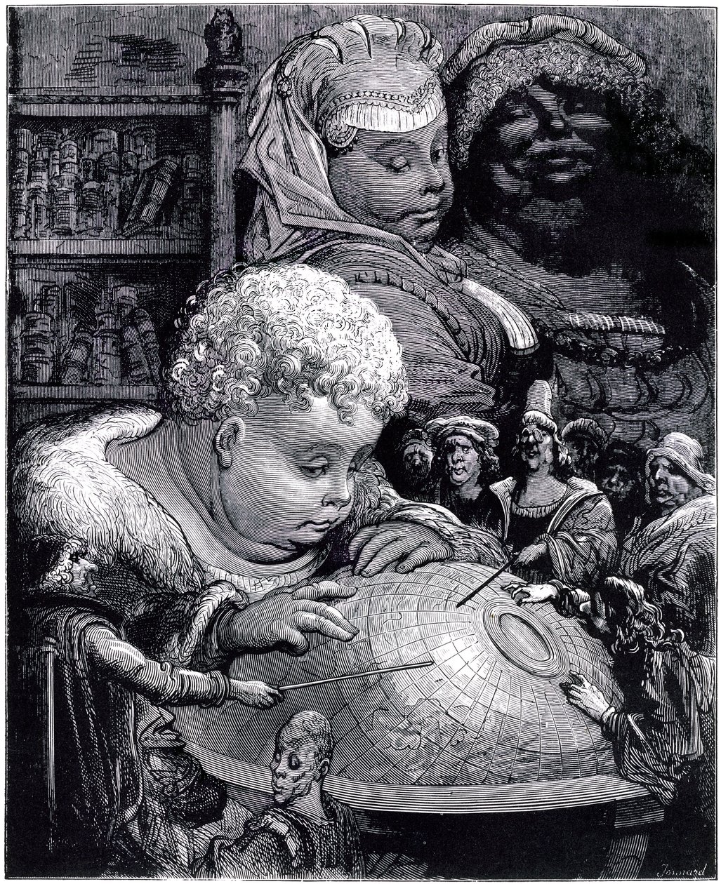 The education of Gargantua: the giant, child, studies a globe with his teachers, under the eyes of his parents by Gustave Dore