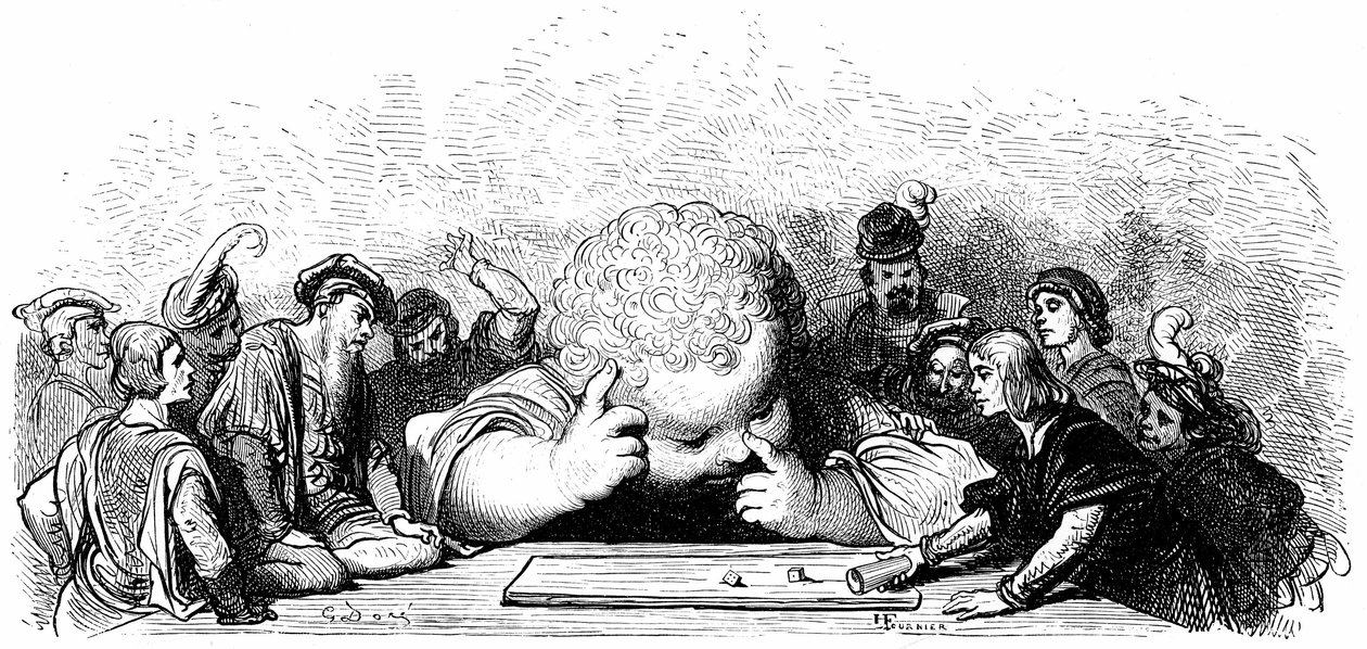 The Education of the Giant Gargantua Child: He Learns to Play the Dice. Illustration by Gustave Dore for the Work of Francois Rabelais. by Gustave Dore