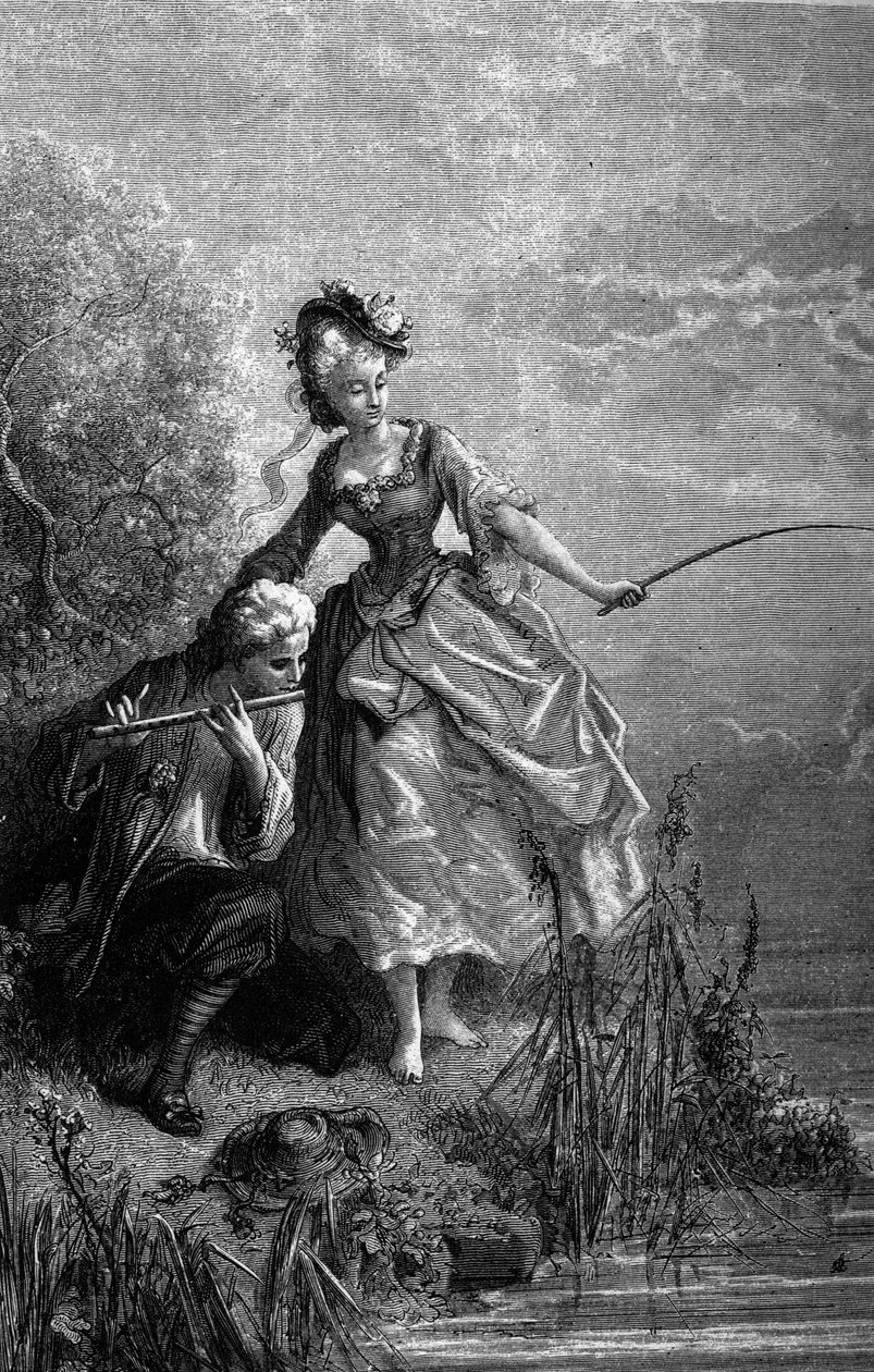 The fish and the shepherd playing the flute. The sound of the flute serves as bait. Fables by Jean de La Fontaine. Illustration by Gustave Dore by Gustave Dore