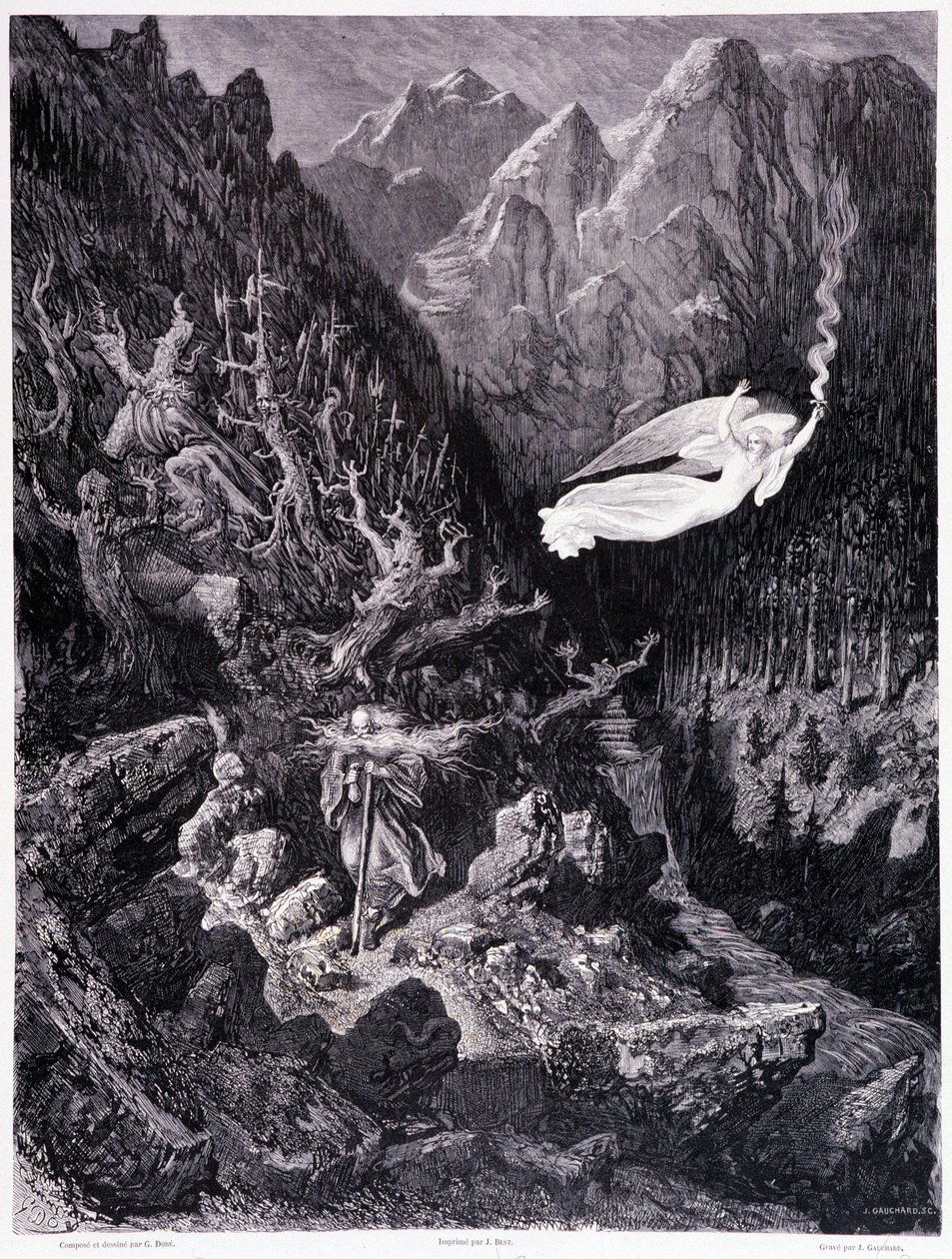 The Old Man Holding a Purse and His Stick Walking in a Hostile Landscape is Surmounted by an Angel Waving a Spear of Fire, Plate VII - Illustration by Gustave Dore for La Legende du Jew Wandering by Pierre Dupont by Gustave Dore