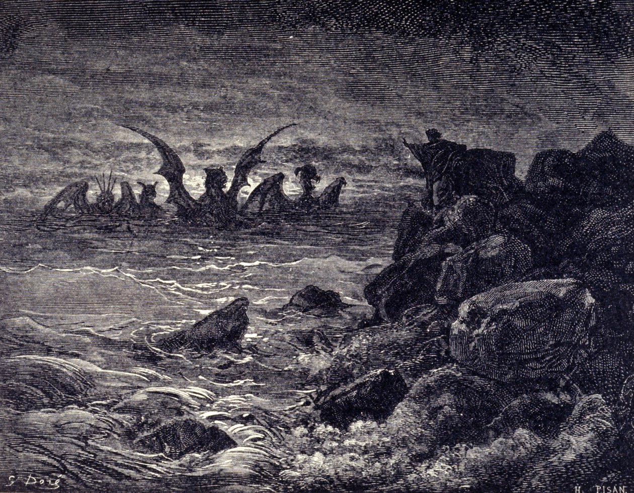 The prophet Daniel sees monsters appearing: Haniel, Kafziel, Azriel, Aniel. Engraving from the Bible illustrated by Gustave Dore (19th century) by Gustave Dore