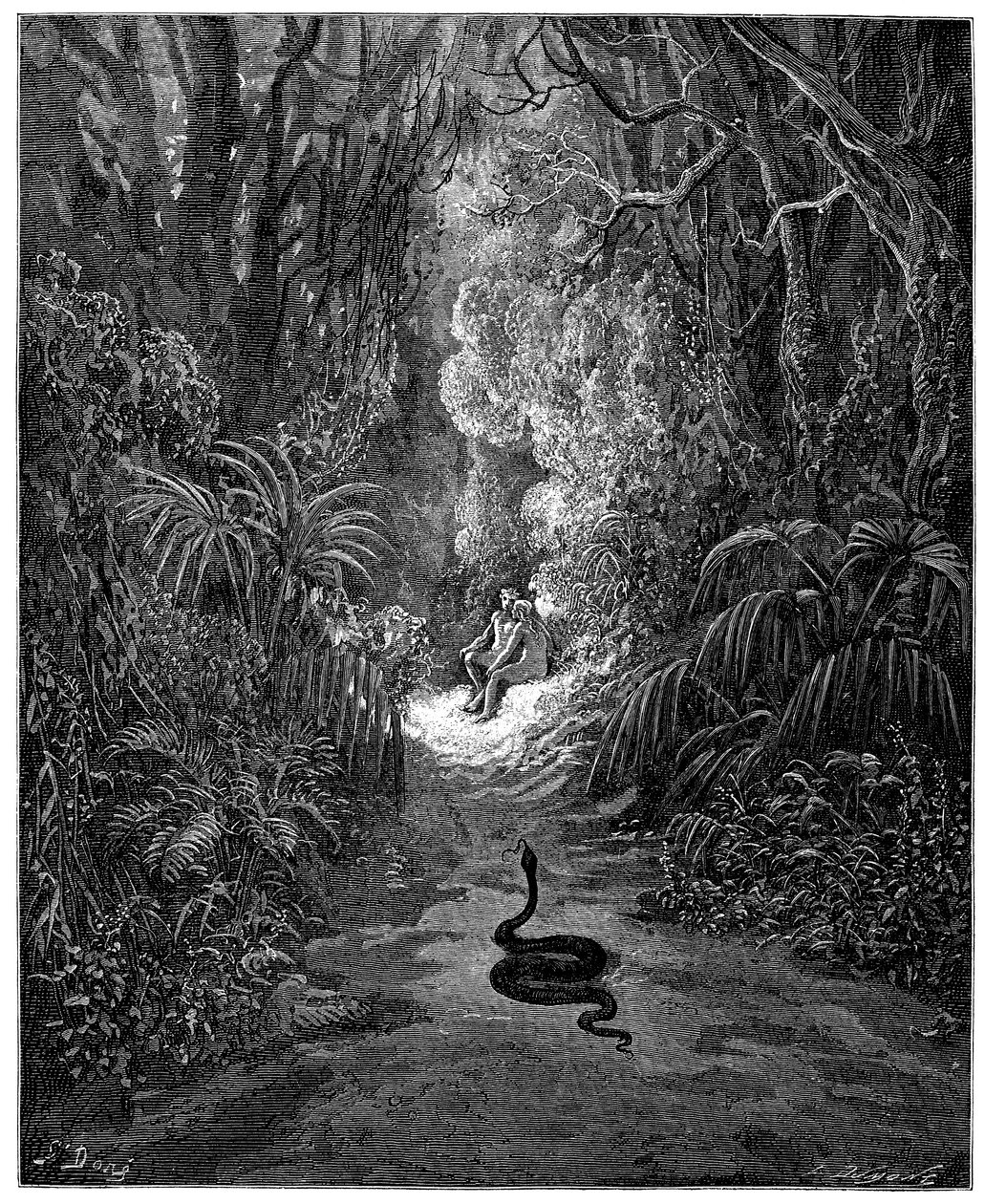 The Snake is Heading to Adam and Eve. Illustration by Gustave Dore for 