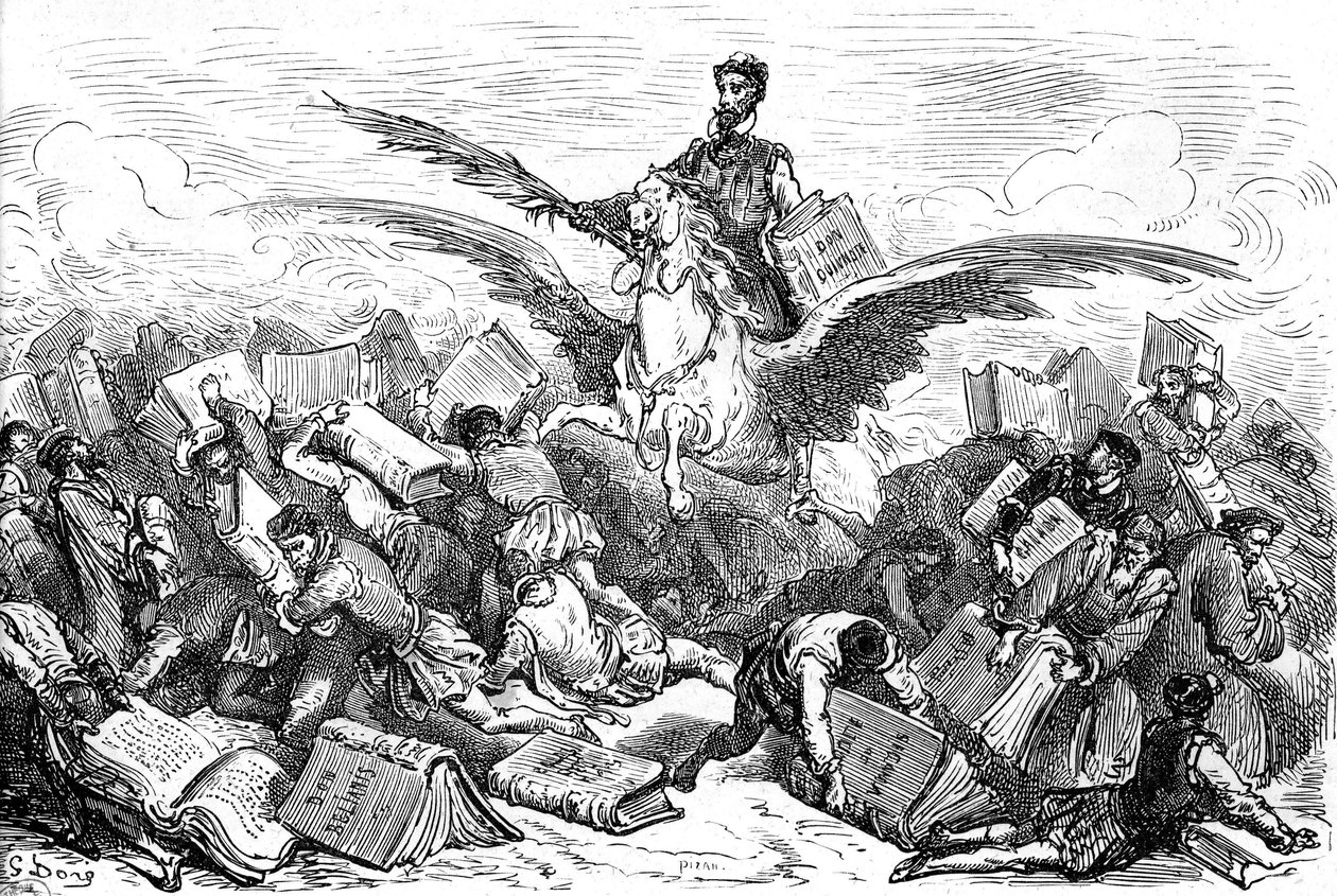 The writer Cervantes rides on a winged horse, his book 