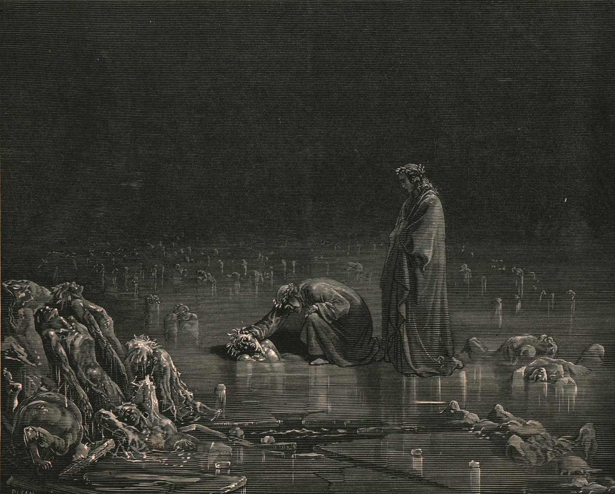 Then seizing on his hinder scalp, I cried: Name thee, or not a hair shall tarry here by Gustave Dore