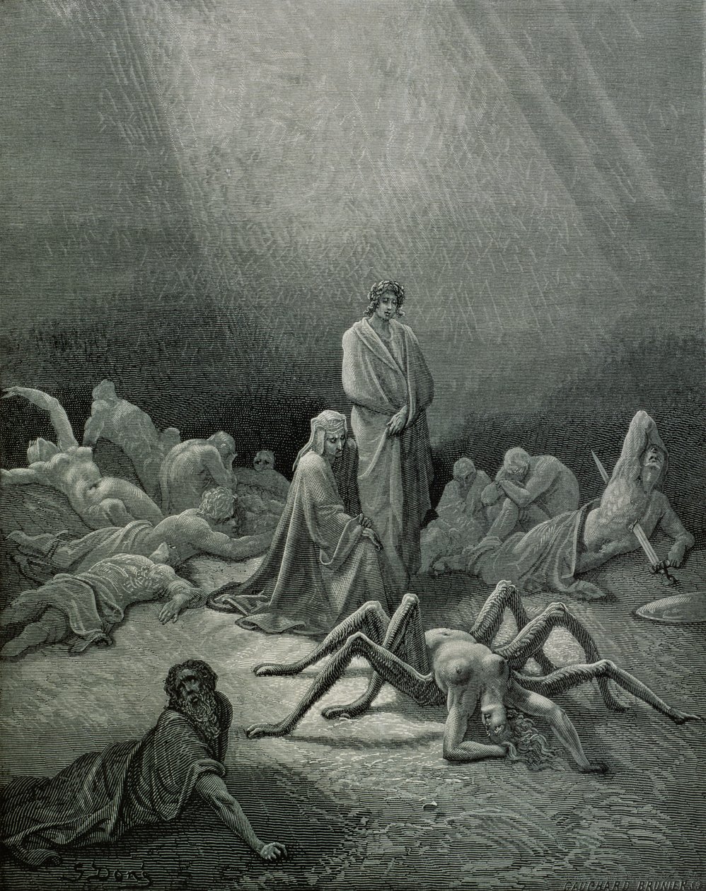 Virgil and Dante Looking at the Spider Woman, Illustration from The Divine Comedy (Inferno) by Dante Alighieri, Paris, published 1885 by Gustave Dore