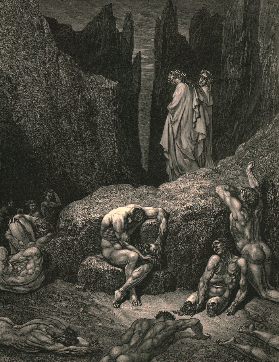Wherefore doth fasten yet thy sight below amongst the maimed and miserable shades by Gustave Dore