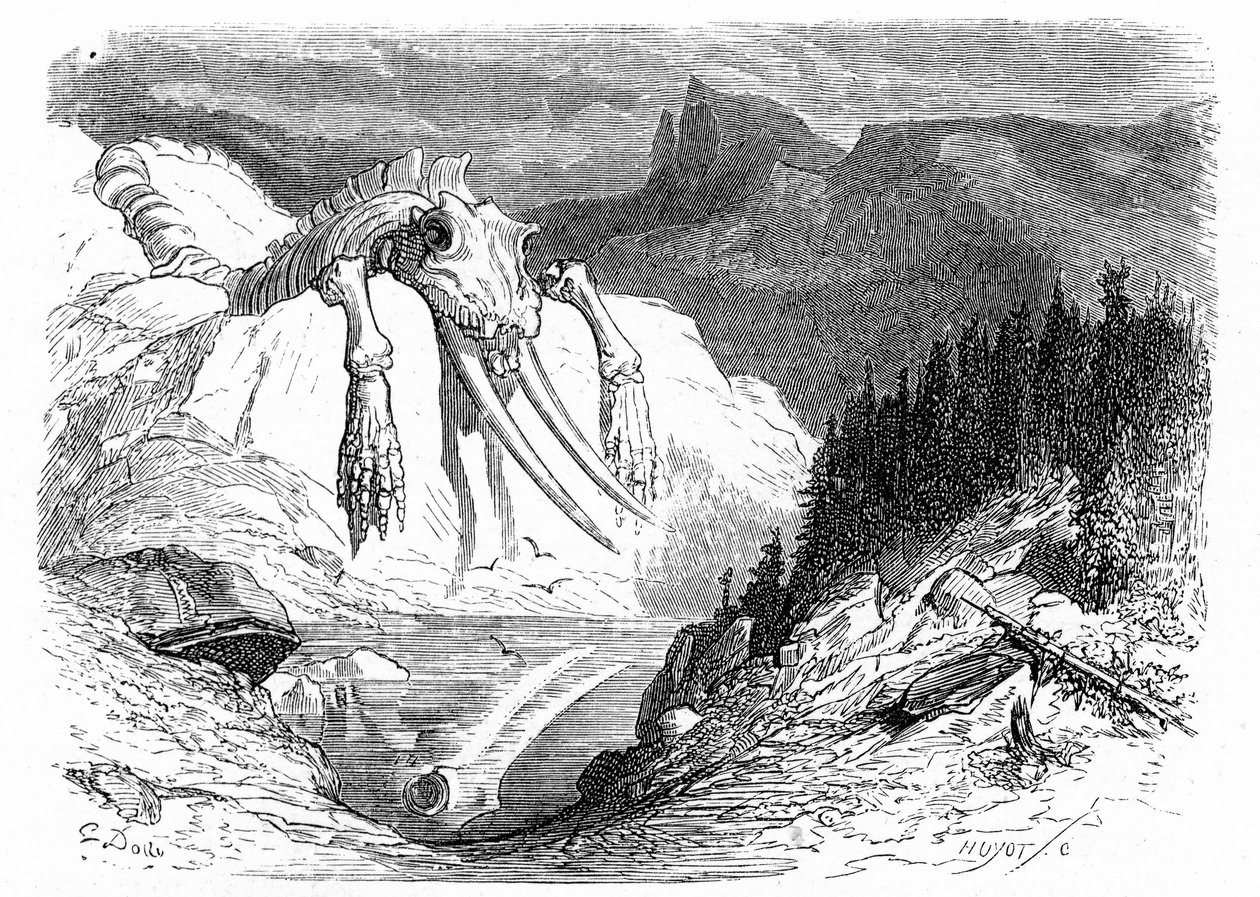 Engraving by Gustave Dore around 1850: Evocation of an Apocalyptic Deluge Following Which Various Monstrous Animals Have Fallen on the Mountain. Illustration of the Book by Hippolyte Taine 
