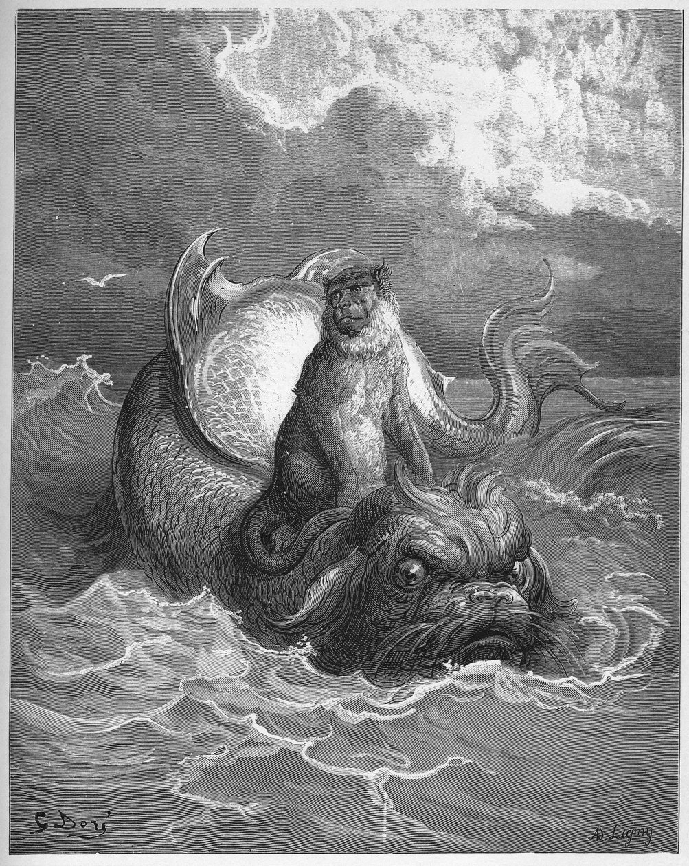 Monkeys and Dolphin - from "Fables" by Jean de La Fontaine by Gustave Dore