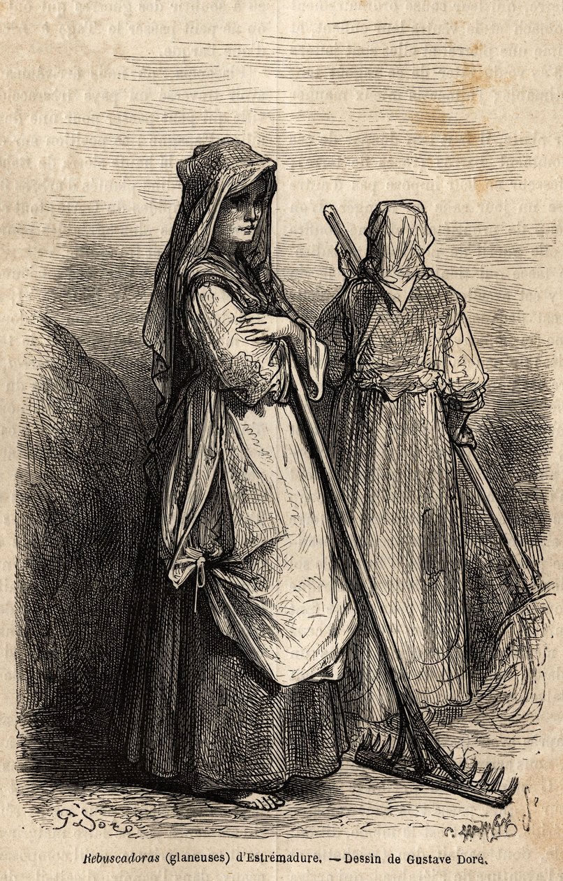 The gleaners of Estremadure, with their large wooden rakes to pick up the part of the crop that was forgotten in the fields after the harvest. Engraving to illustrate the voyage to Spain by Gustave Dore (1832-1883) illustrator and Baron Ch. Davillier by Gustave Dore