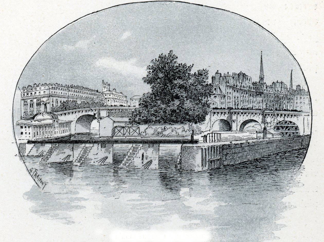 View of the lock of the Monnaie, in front of the Hotel des Monnaie in Paris. Drawing by Gustave Fraipont from 