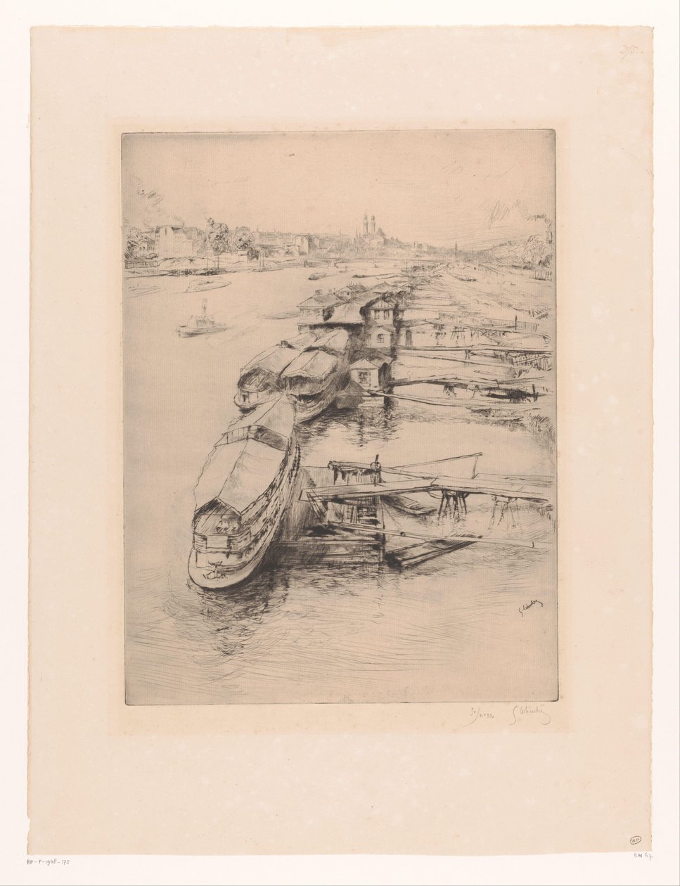 Moored Boats in Auteuil, Paris by Gustave Leheutre (signed by artist)