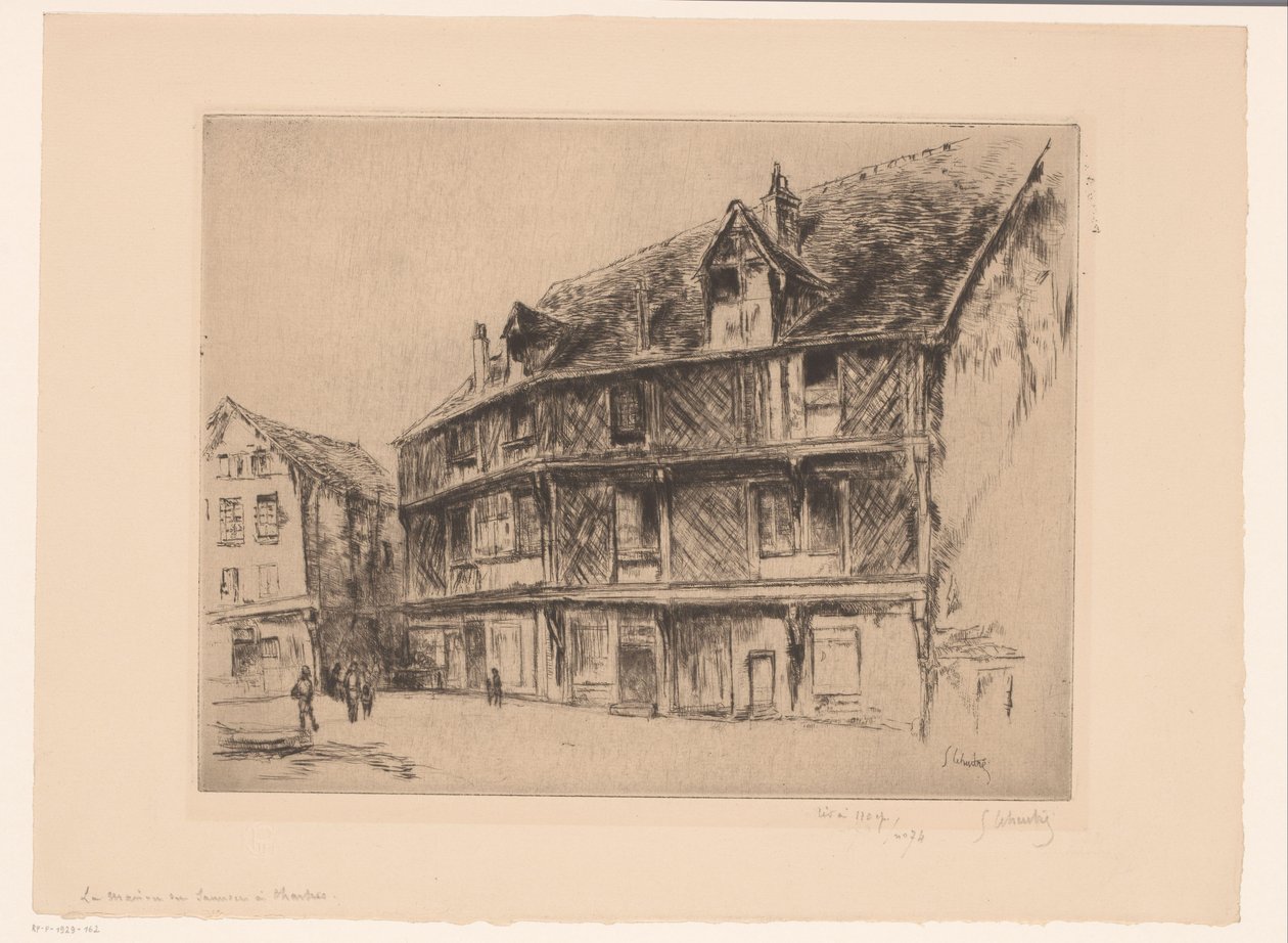Street with Houses and Walkers in Chartres by Gustave Leheutre (signed by artist)