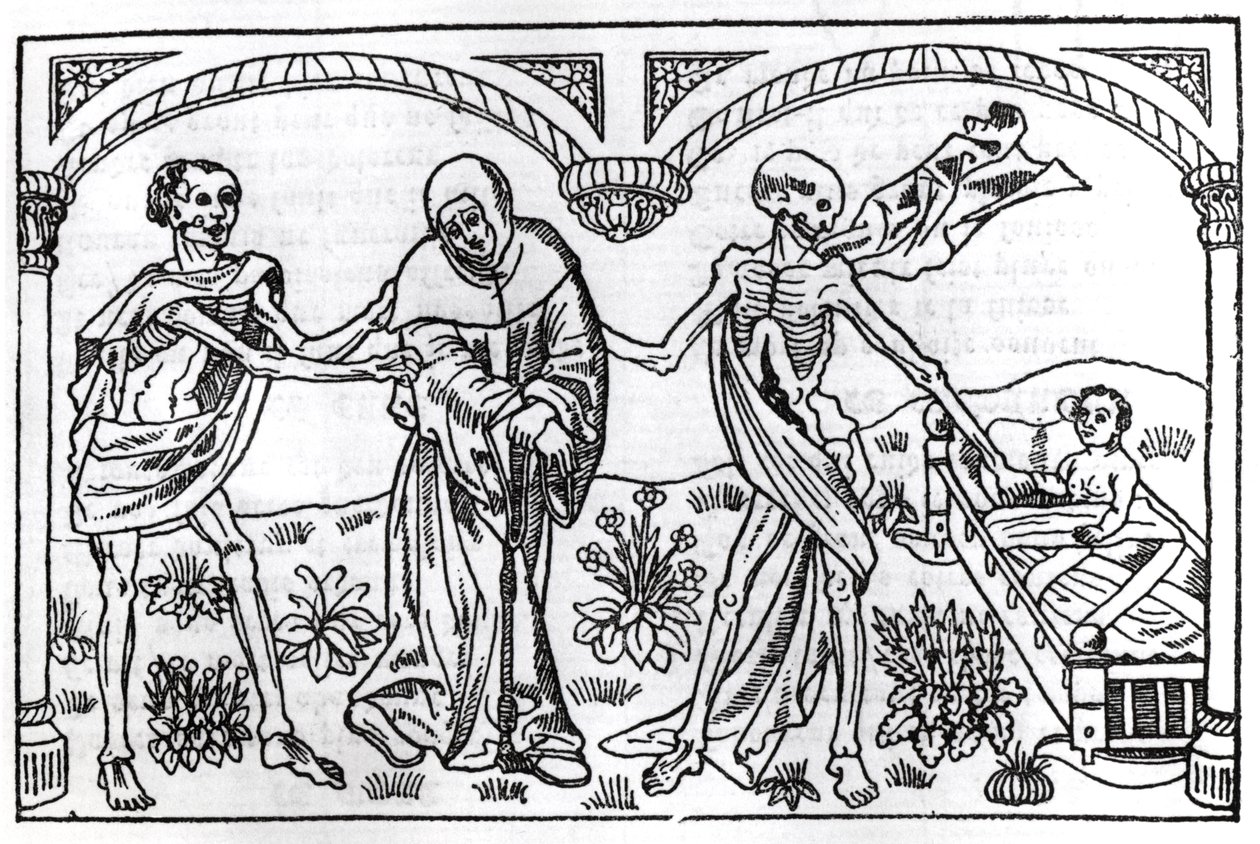 Death taking the Beggar and the Child, from the Danse Macabre, published Paris, 1485 by Guy Marchant