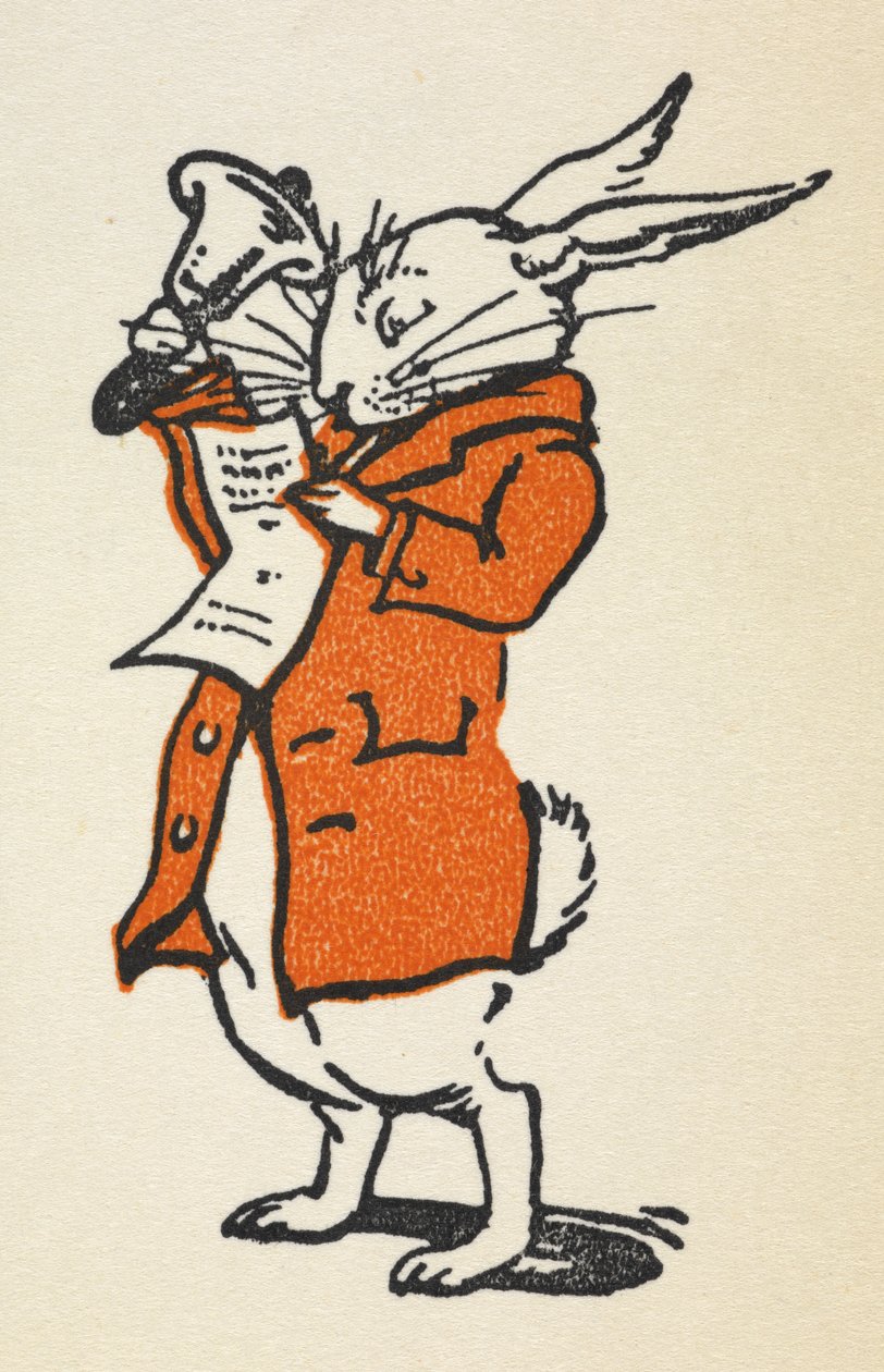 Illustration of the White Rabbit in a red jacket ringing a large bell and reading by Gwynedd M. Hudson