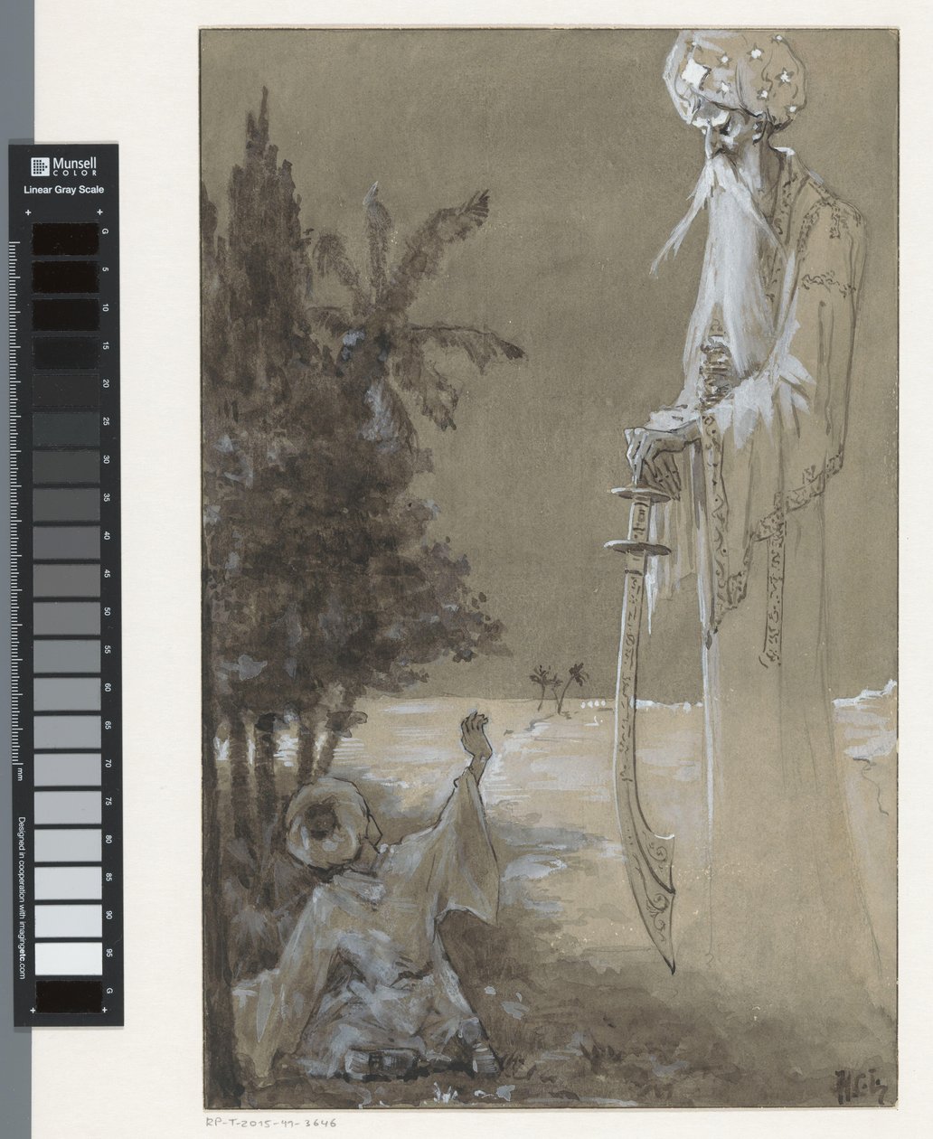 Tall Man with Beard Looking Down at a Sitting Boy by H.C. Louwerse (signed by artist)