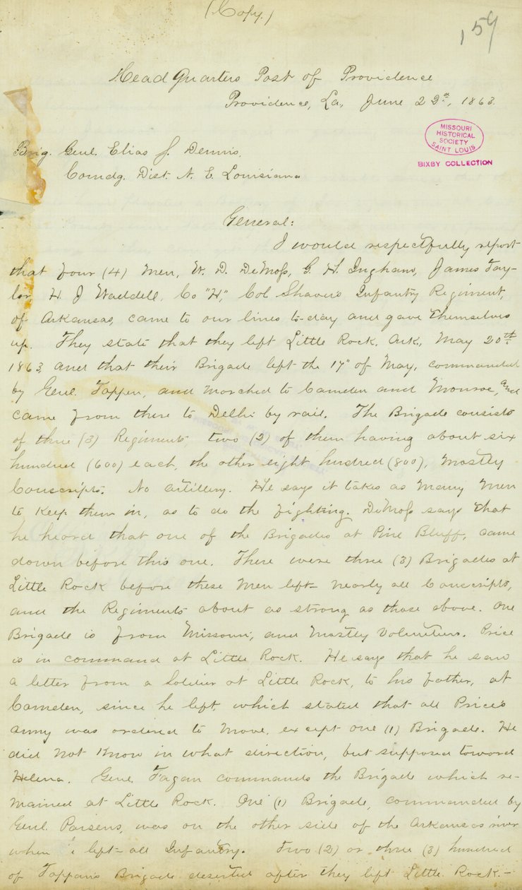 Letter from H. T. Reid, headquarters, Post of Providence, Louisiana, to Brigadier General Elias S. Dennis, June 22, 1863 by H.T. Reid