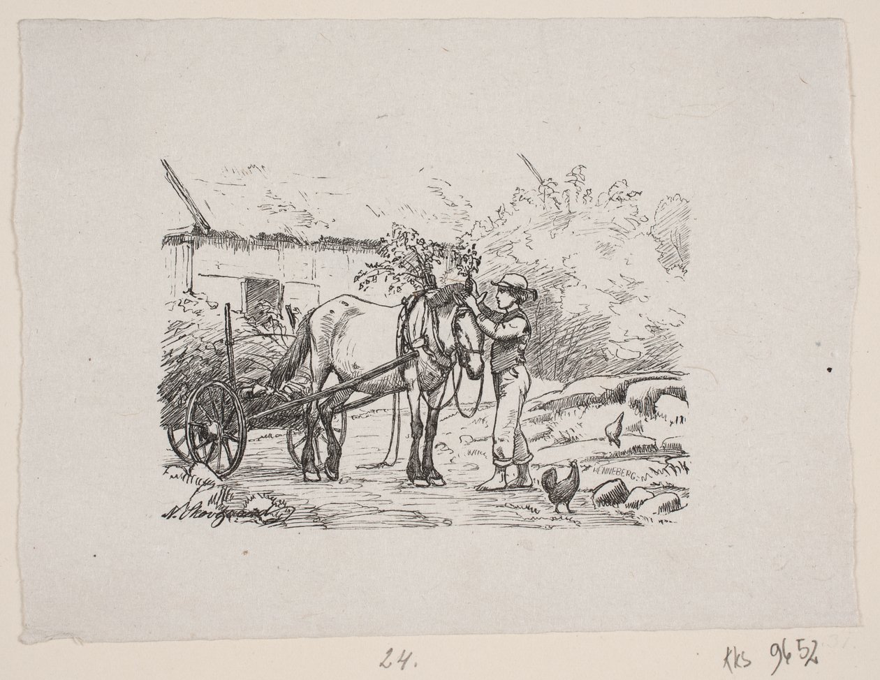 A Boy Decorates a Horse Harness with Green Branches by H. C. Henneberg