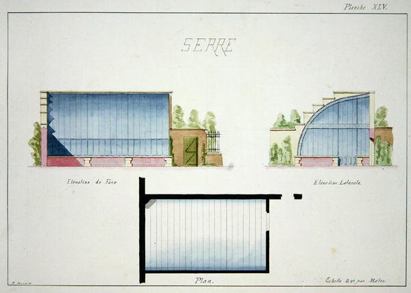 Design for a hothouse with curved glass walls and roof, from a folio of original drawings in classical and early Belle-Epoque styles, c.1870 by H. Monnot