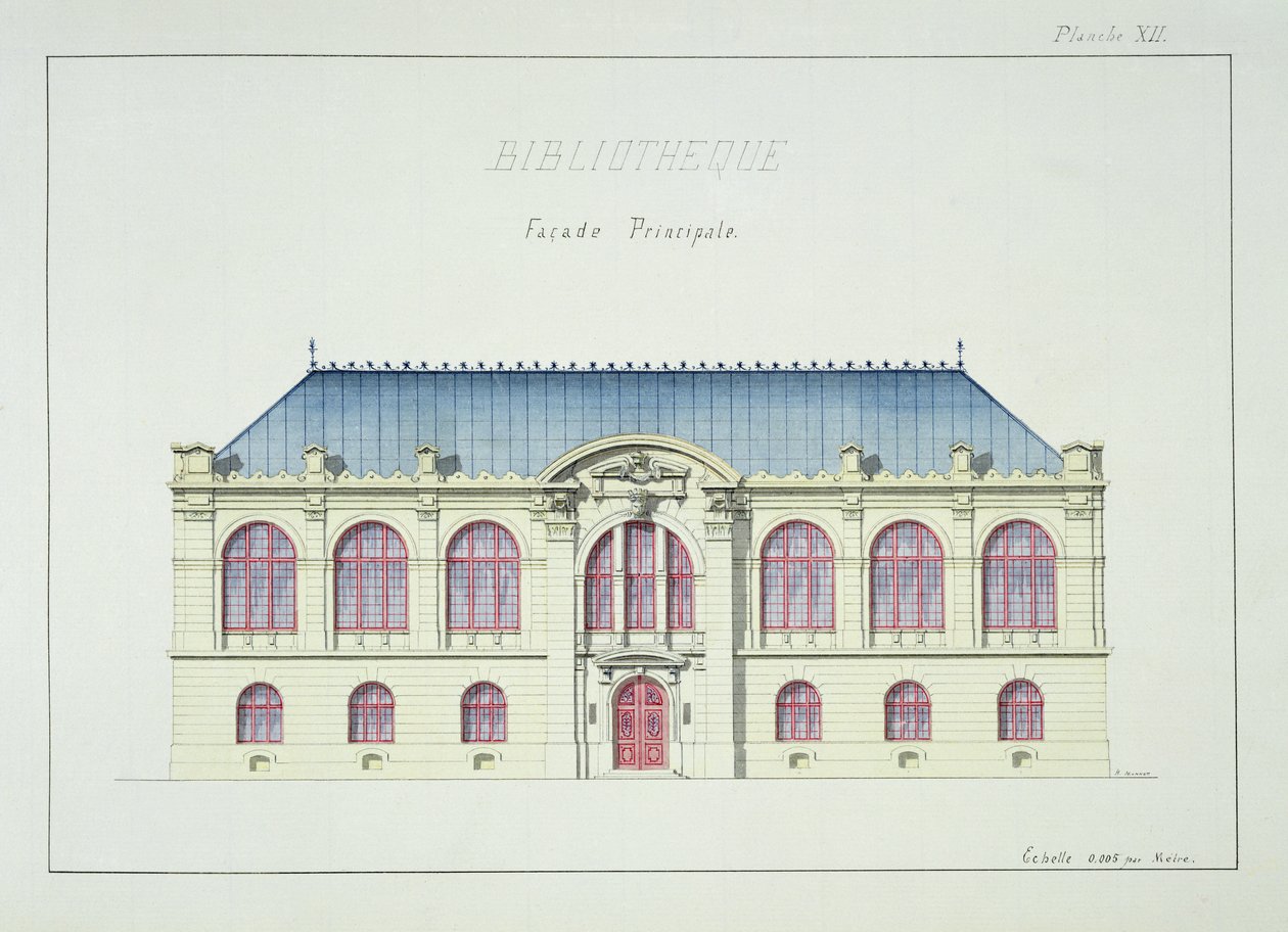 Main Facade of a Library, Plate XII from a Folio of Designs by H. Monnot