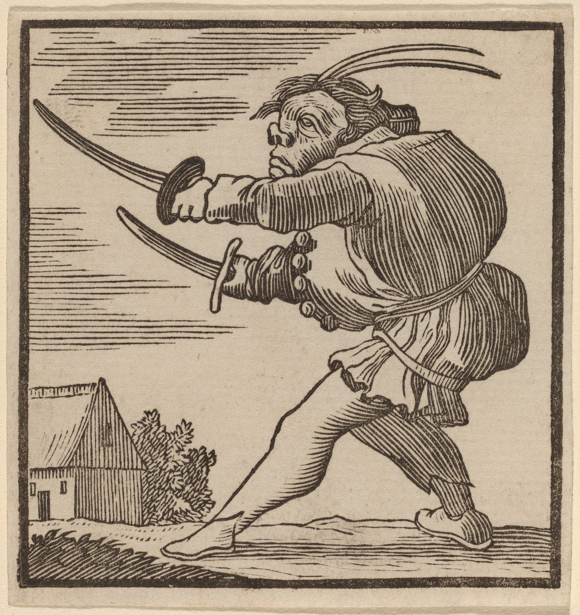 Hunchback Brandishing Two Swords by H. Numan after Jacques Callot