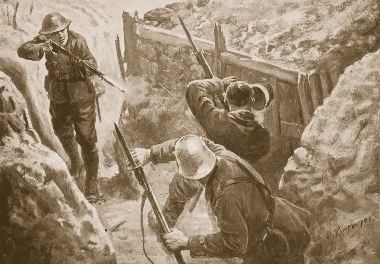 Private J. Hutchinson shooting two German sentries when leading an attack on a German trench by H. Ripperger