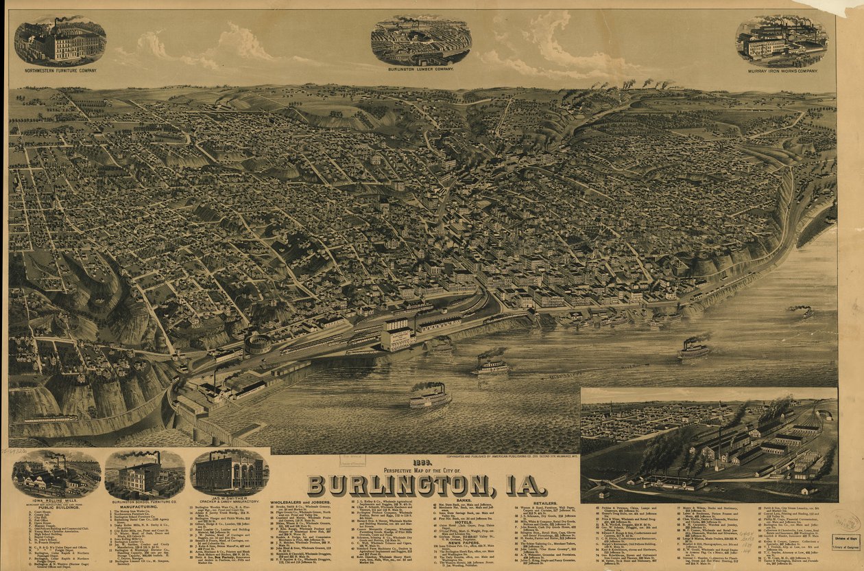 1889 perspective map of the city of Burlington, Iowa by H. Wellge