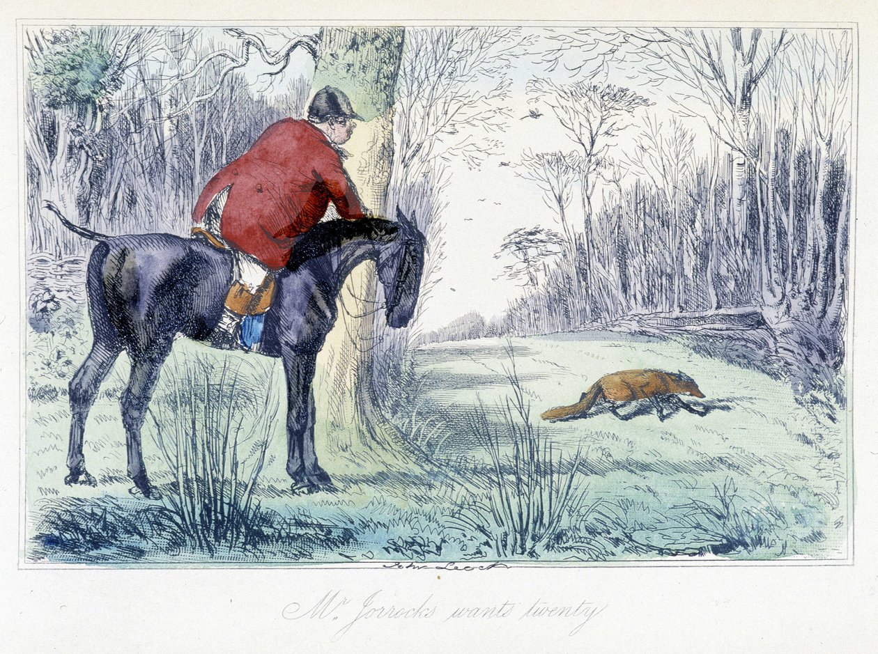 Horseback Hunting Scene. English cartoon on fox hunting from 