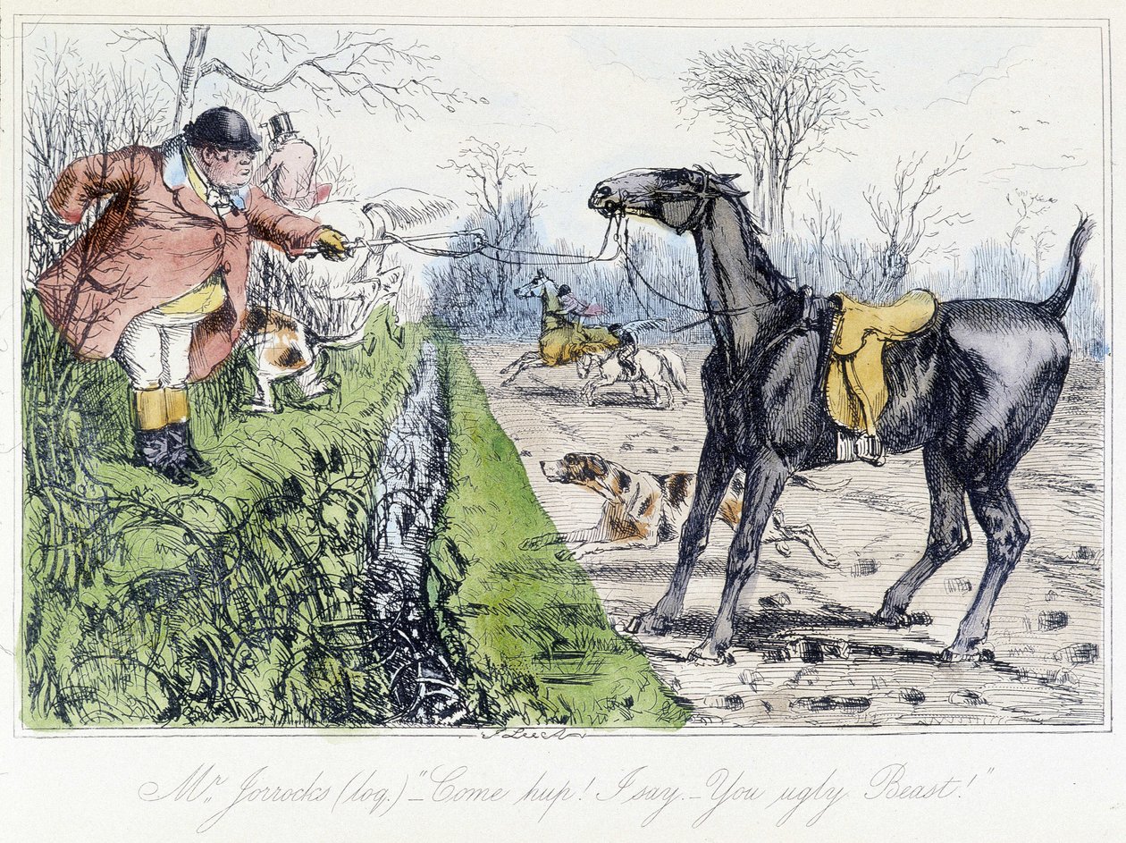 Horseback Hunting Scene. English cartoon on fox hunting from the “adventures of Thomas Scott or Hawbuck Grange”, illustration by H.K. Browne and W.T. Maud. by Hablot Knight Browne