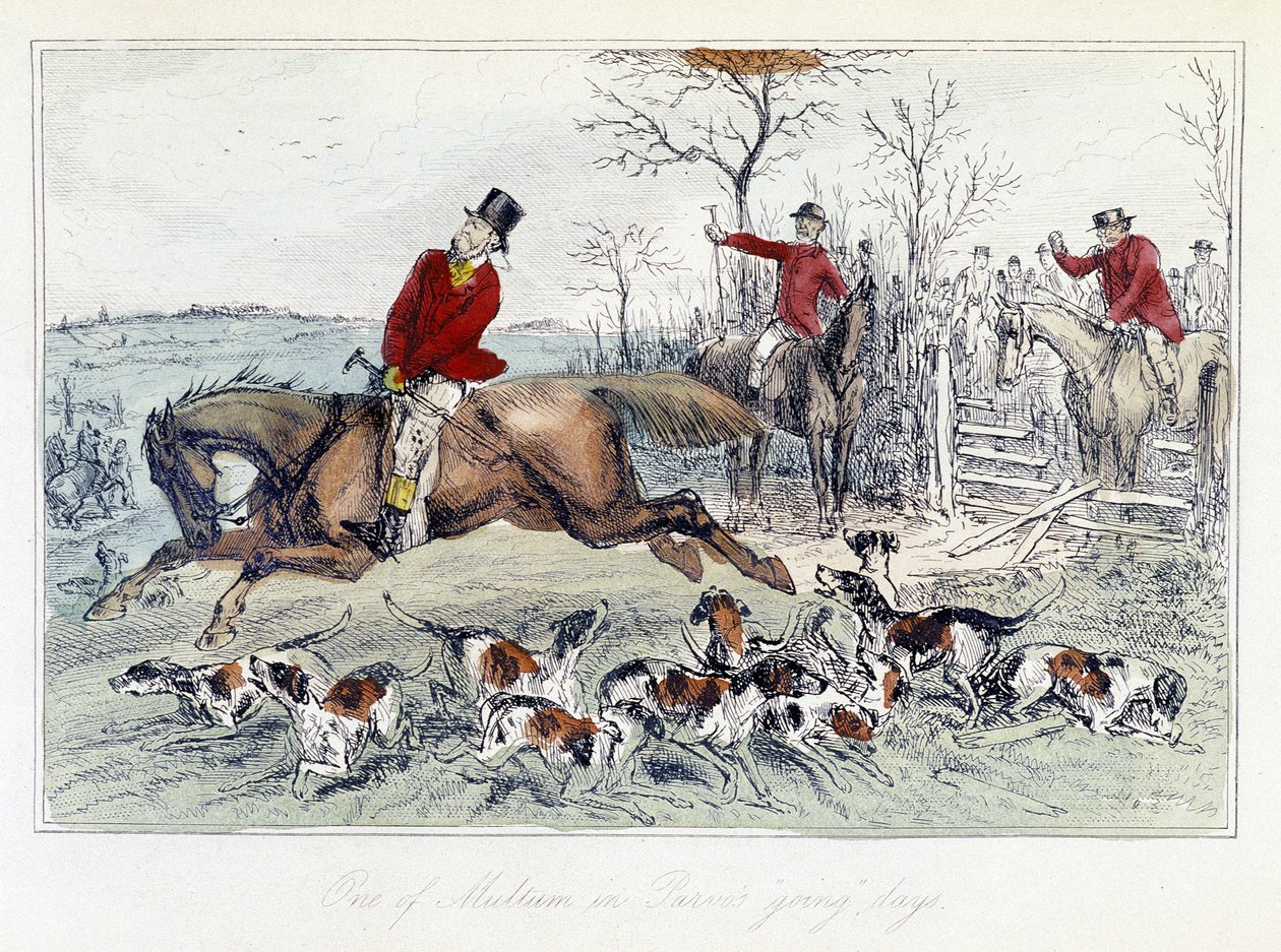 Hunting scene in The Adventures of Thomas Scott, illustration by H.K. Browne and W.T. Maud; English cartoon on fox hunting by Hablot Knight Browne