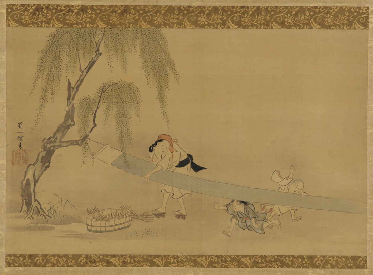 Woman Stretching Cloth to Dry, Two Children at Play, Edo Period by Hanabusa Itcho
