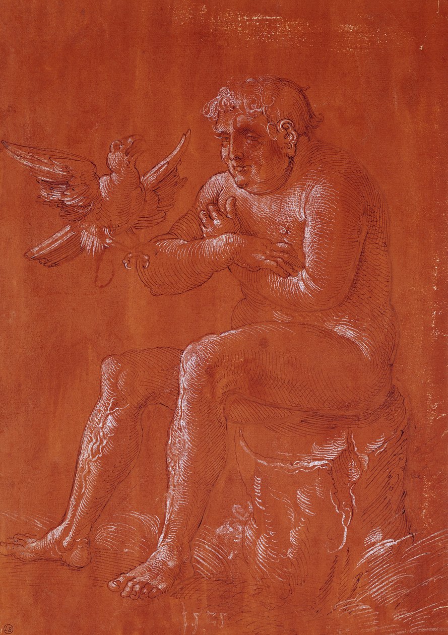 Nude Man Sitting on a Tree Trunk Listening to a Parrot by Hans Baldung Grien