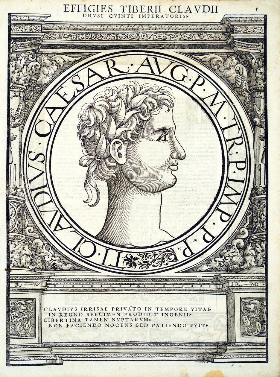 Claudius Caesar, illustration from Imperatorum romanorum omnium orientalium et occidentalium verissimae imagines ex antiquis numismatis by Hans Rudolf Manuel Deutsch