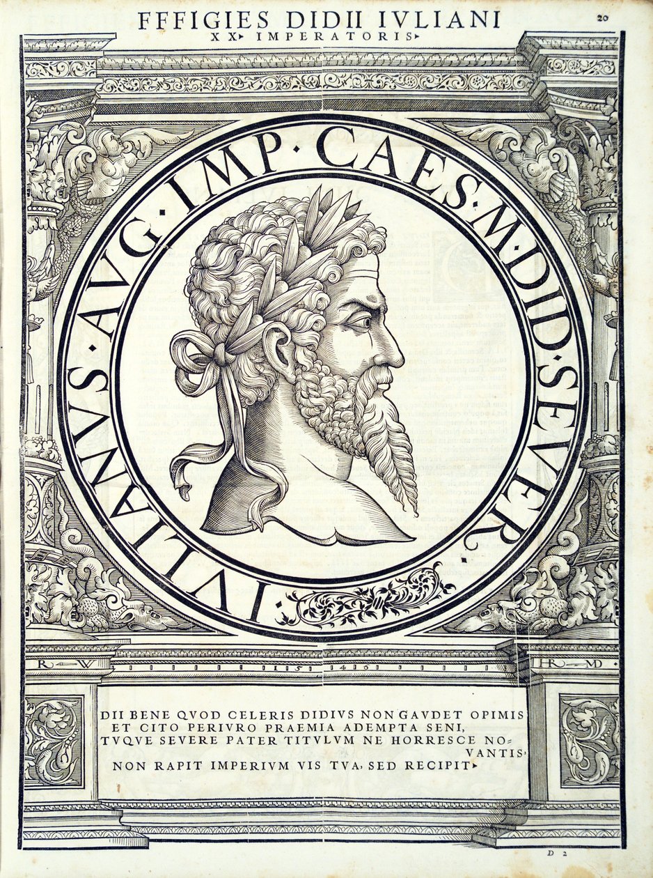 Didius Julianus, illustration from Imperatorum Romanorum Omnium Orientalium et Occidentalium Verissimae Imagines ex Antiquis Numismatis by Hans Rudolf Manuel Deutsch