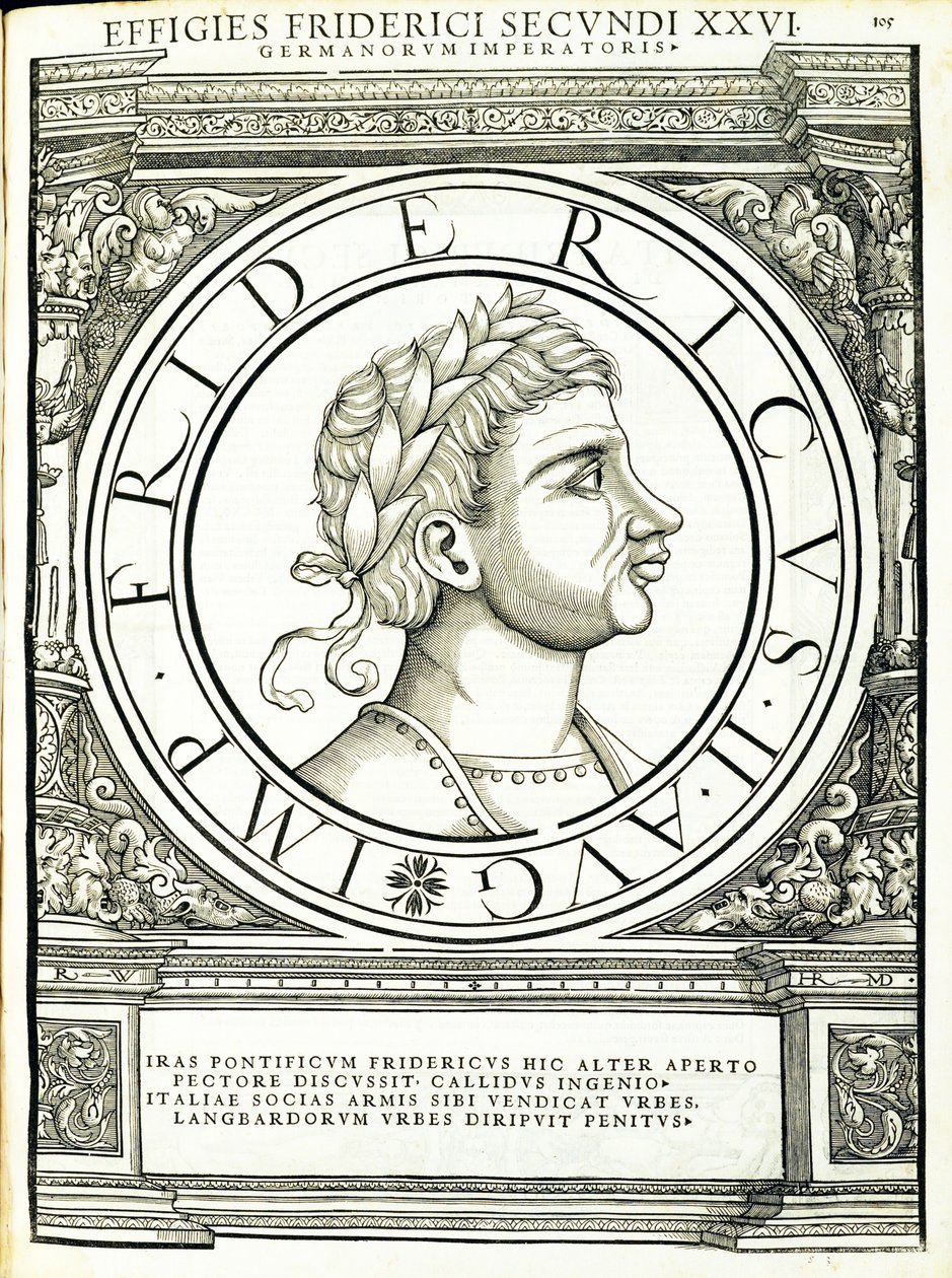 Fredericus II, illustration from Imperatorum Romanorum Omnium Orientalium et Occidentalium Verissimae Imagines ex Antiquis Numismatis by Hans Rudolf Manuel Deutsch